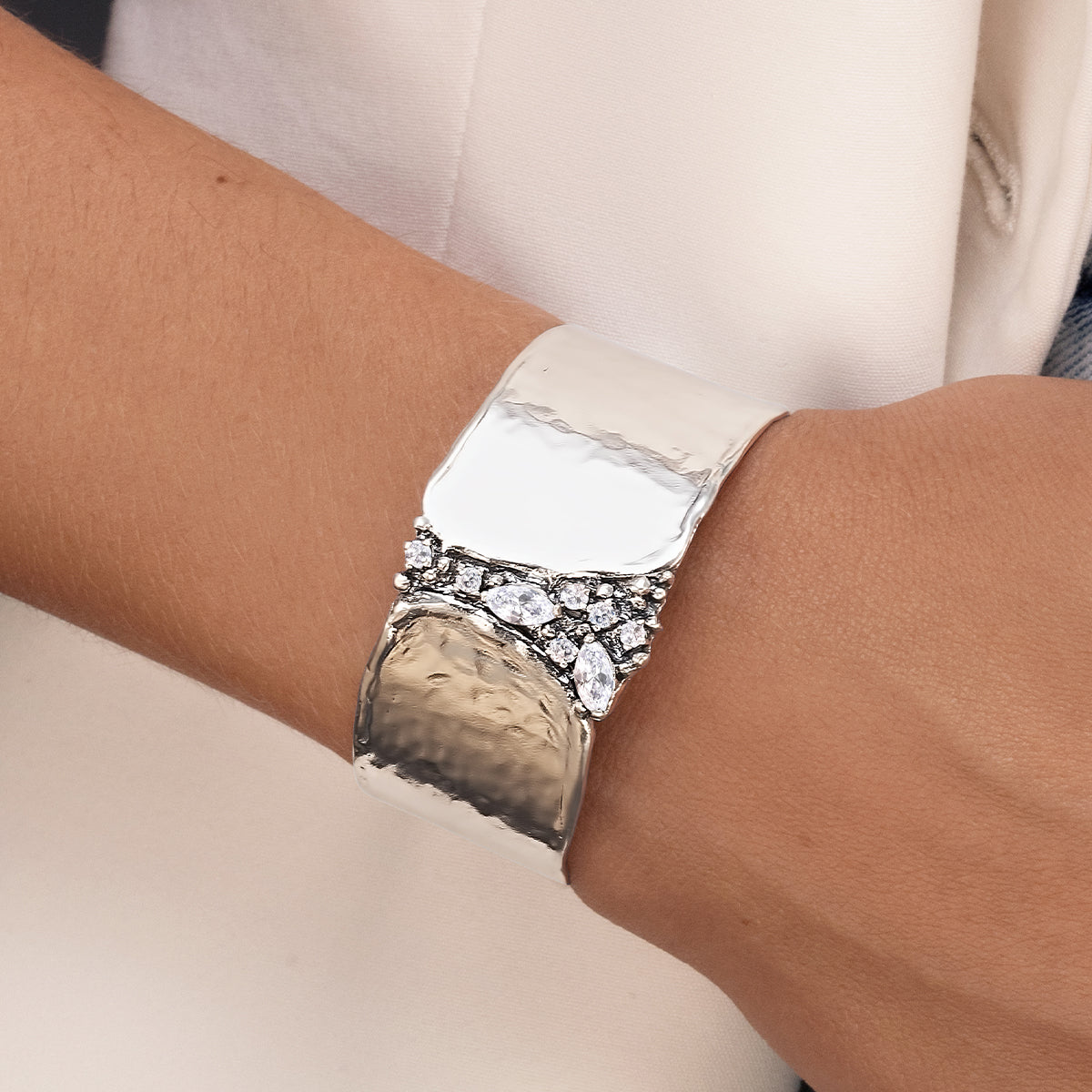 Sterling Silver CZ Shield Cuff Bracelet