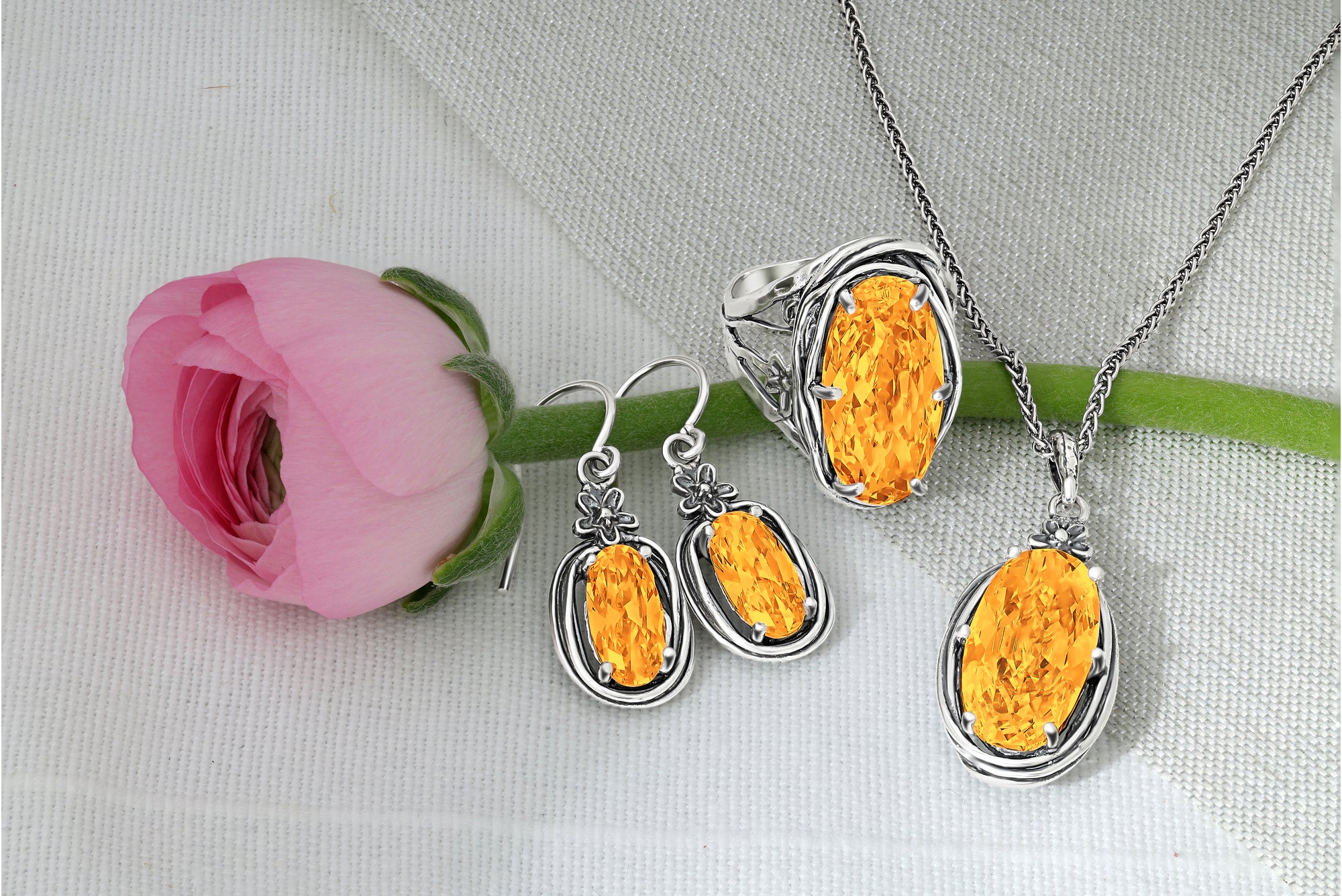 Sterling Silver Citrine CZ Floral Wire Wrap Earrings
