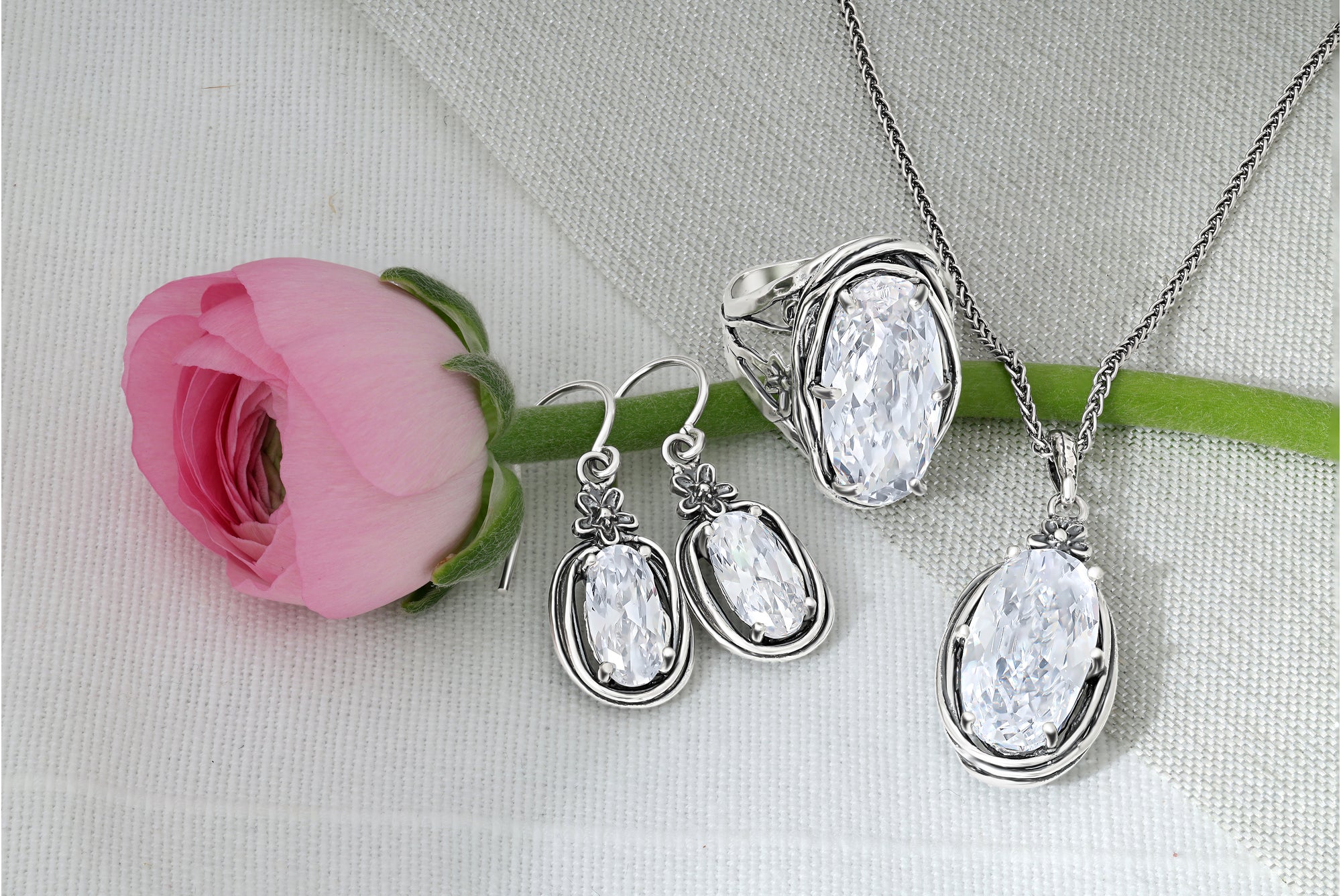 Sterling Silver CZ Floral Wire Wrap Earrings