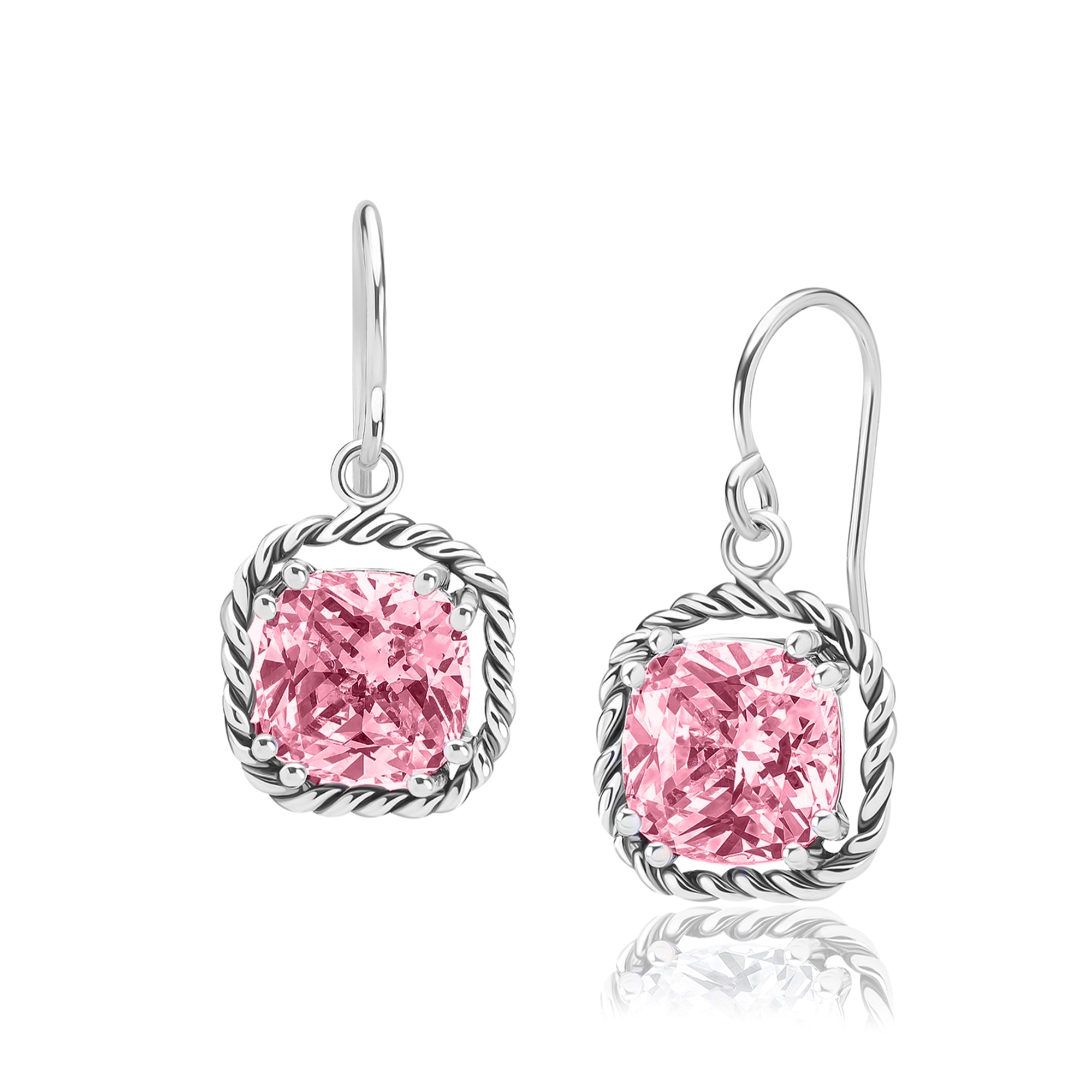 Sterling Silver Pink CZ Rope Dangle Earrings