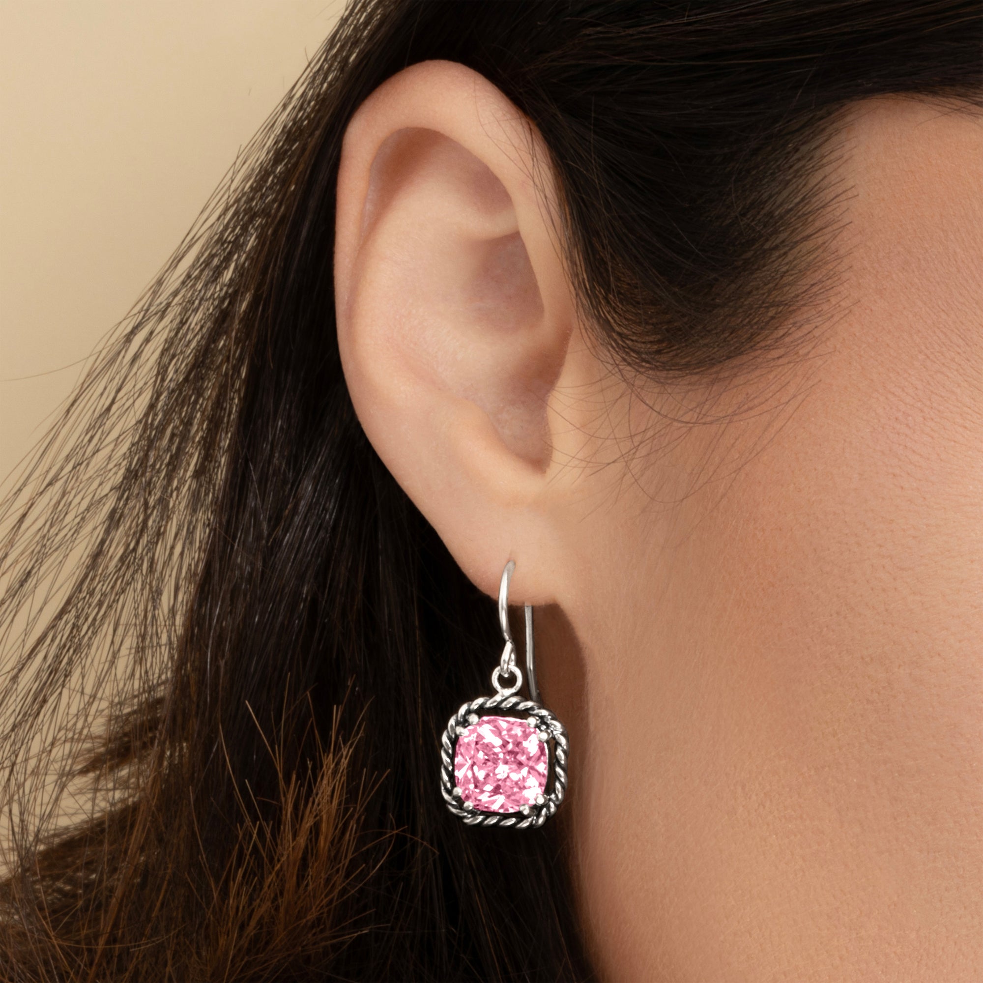 Sterling Silver Pink CZ Rope Dangle Earrings