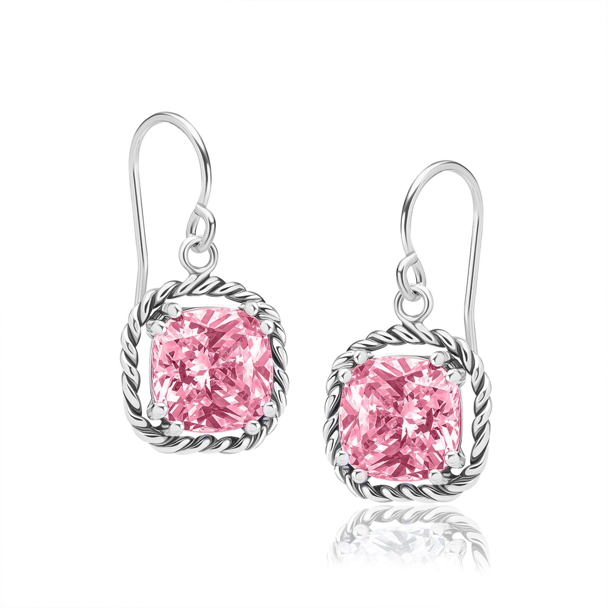 Sterling Silver Pink CZ Rope Dangle Earrings