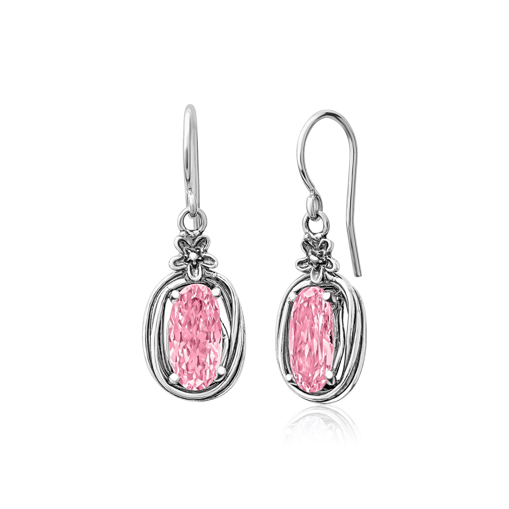 Sterling Silver Pink CZ Floral Wire Wrap Earrings