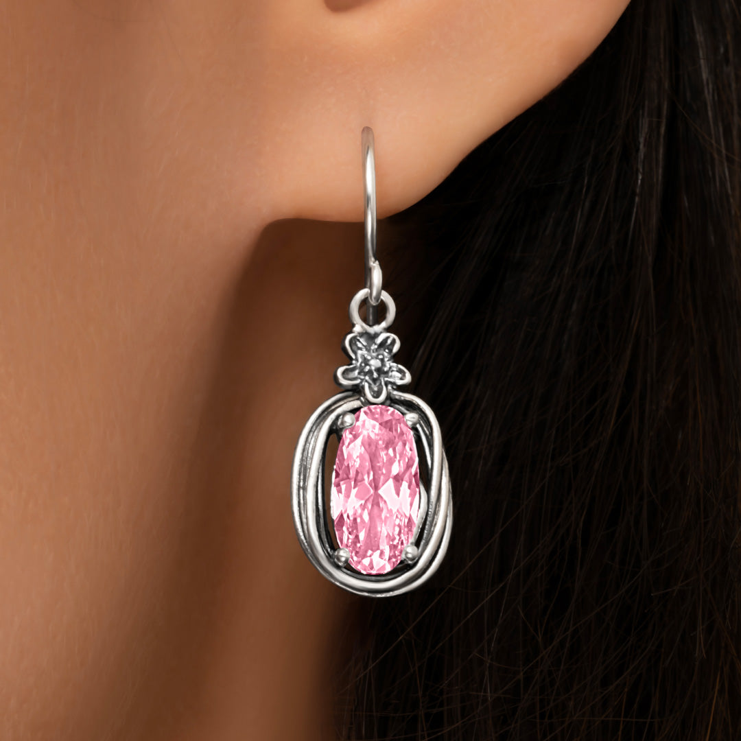Sterling Silver Pink CZ Floral Wire Wrap Earrings