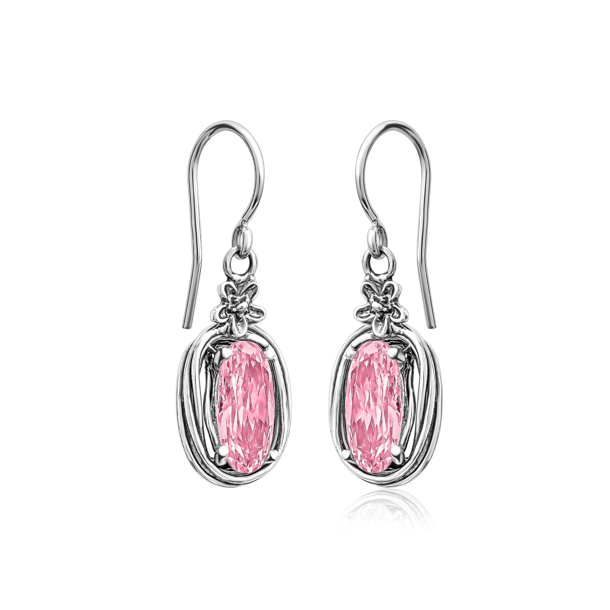 Sterling Silver Pink CZ Floral Wire Wrap Earrings