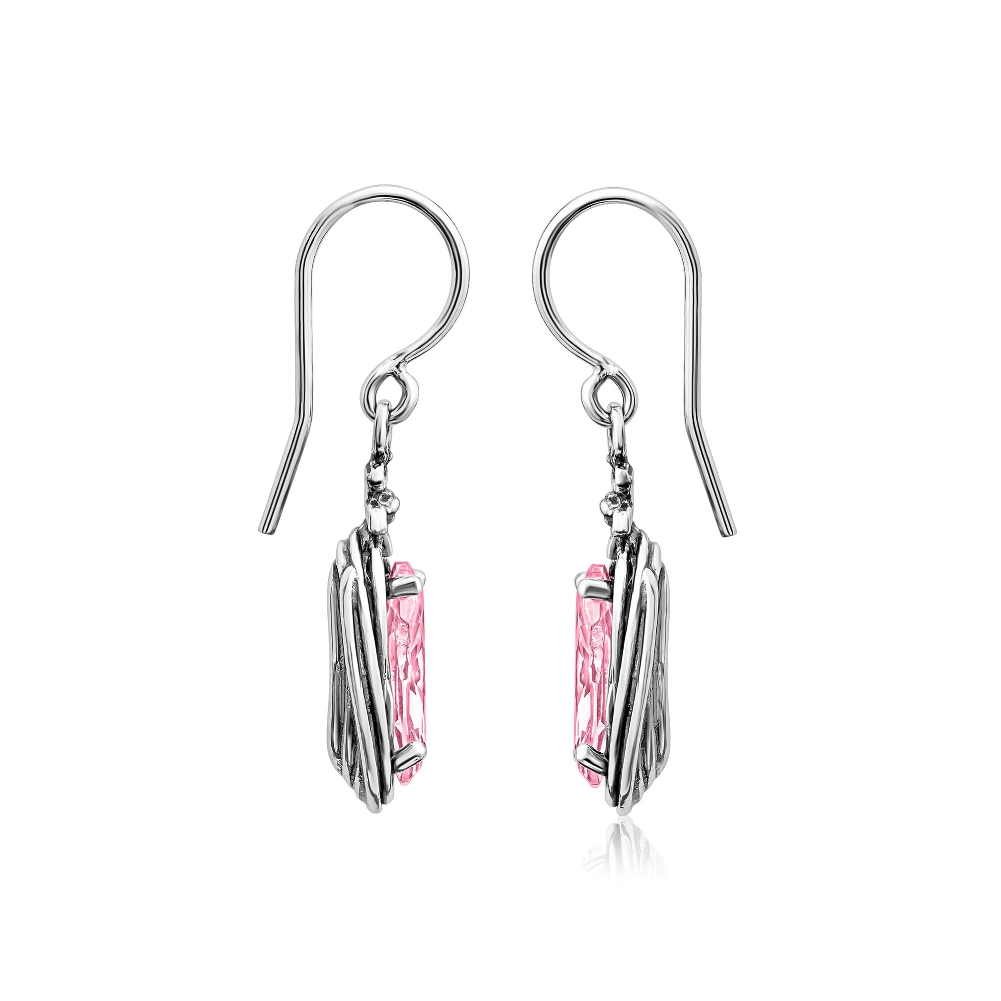 Sterling Silver Pink CZ Floral Wire Wrap Earrings