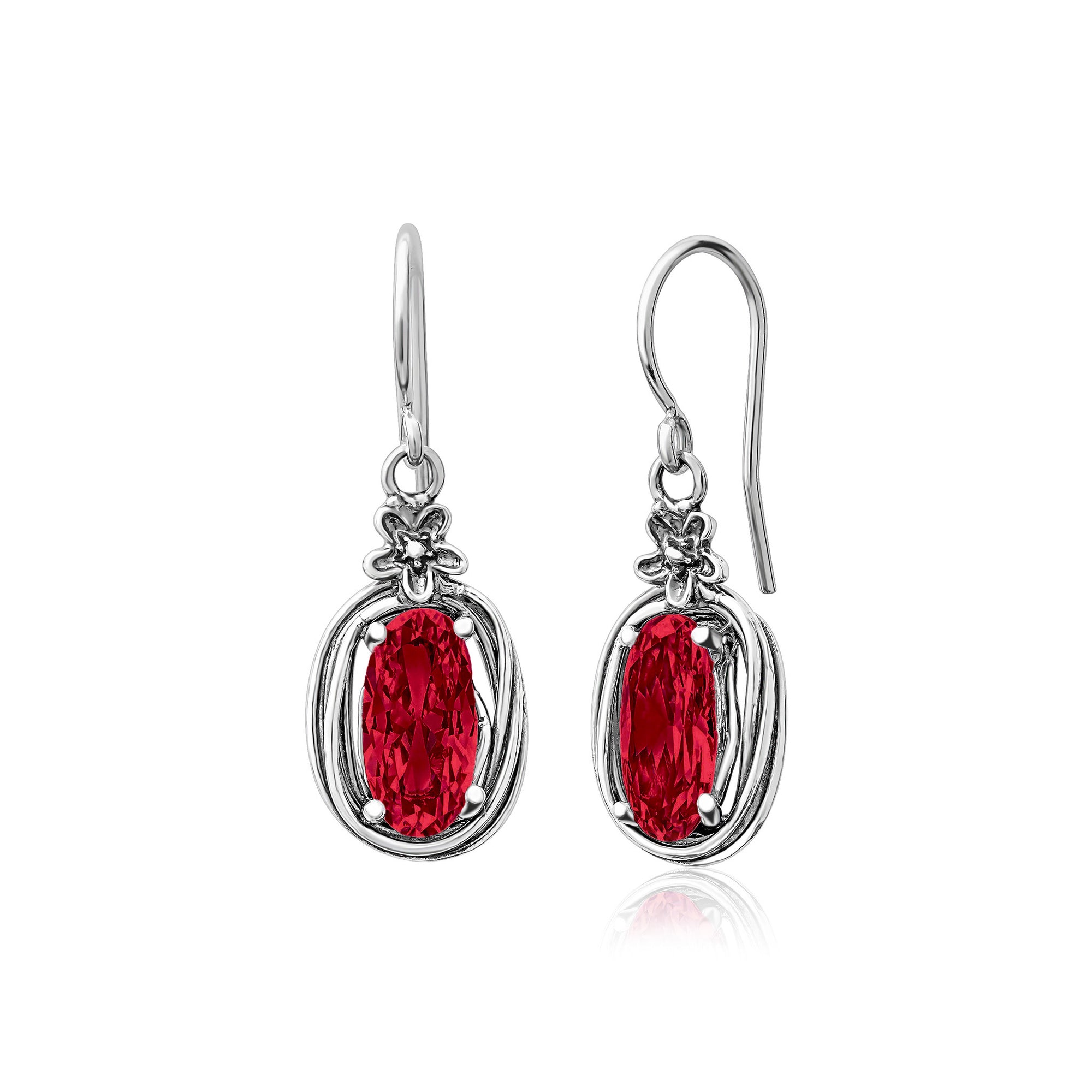 Sterling Silver Ruby CZ Floral Wire Wrap Earrings