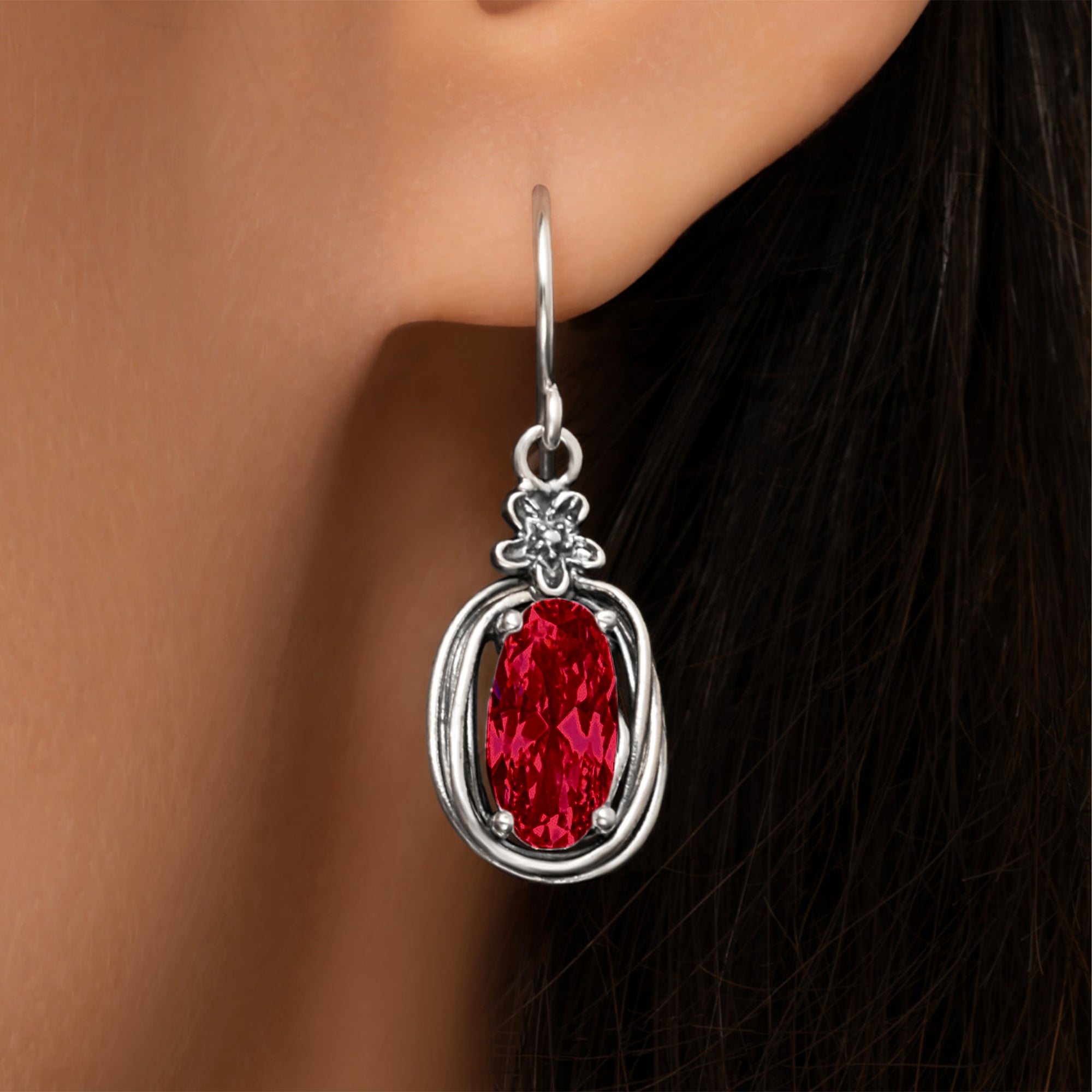 Sterling Silver Ruby CZ Floral Wire Wrap Earrings
