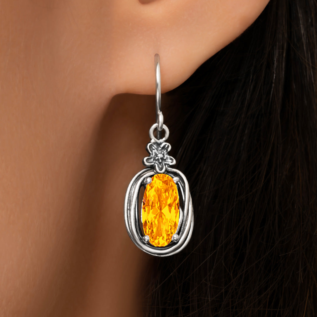 Sterling Silver Citrine CZ Floral Wire Wrap Earrings