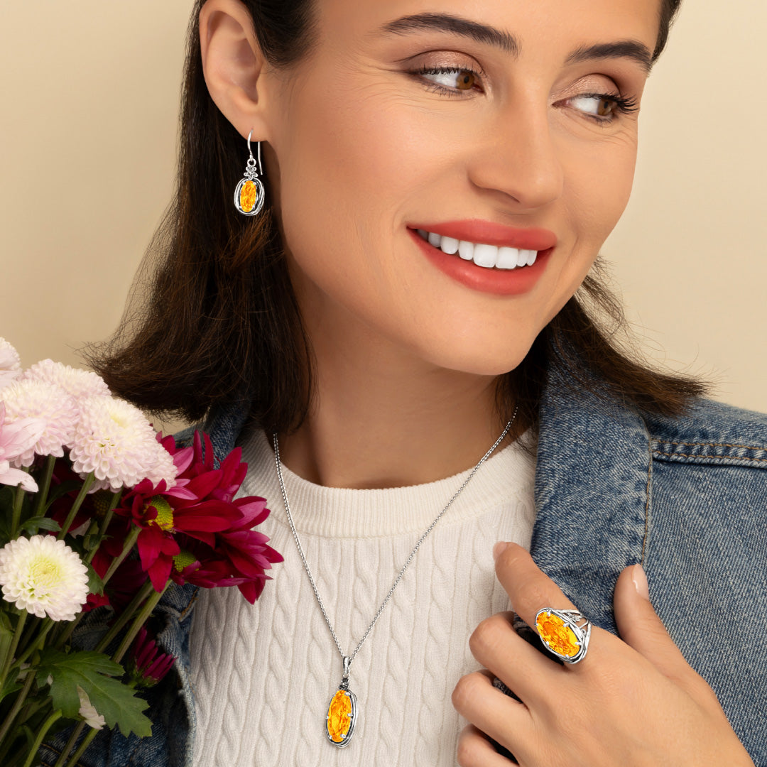 Sterling Silver Citrine CZ Floral Wire Wrap Earrings