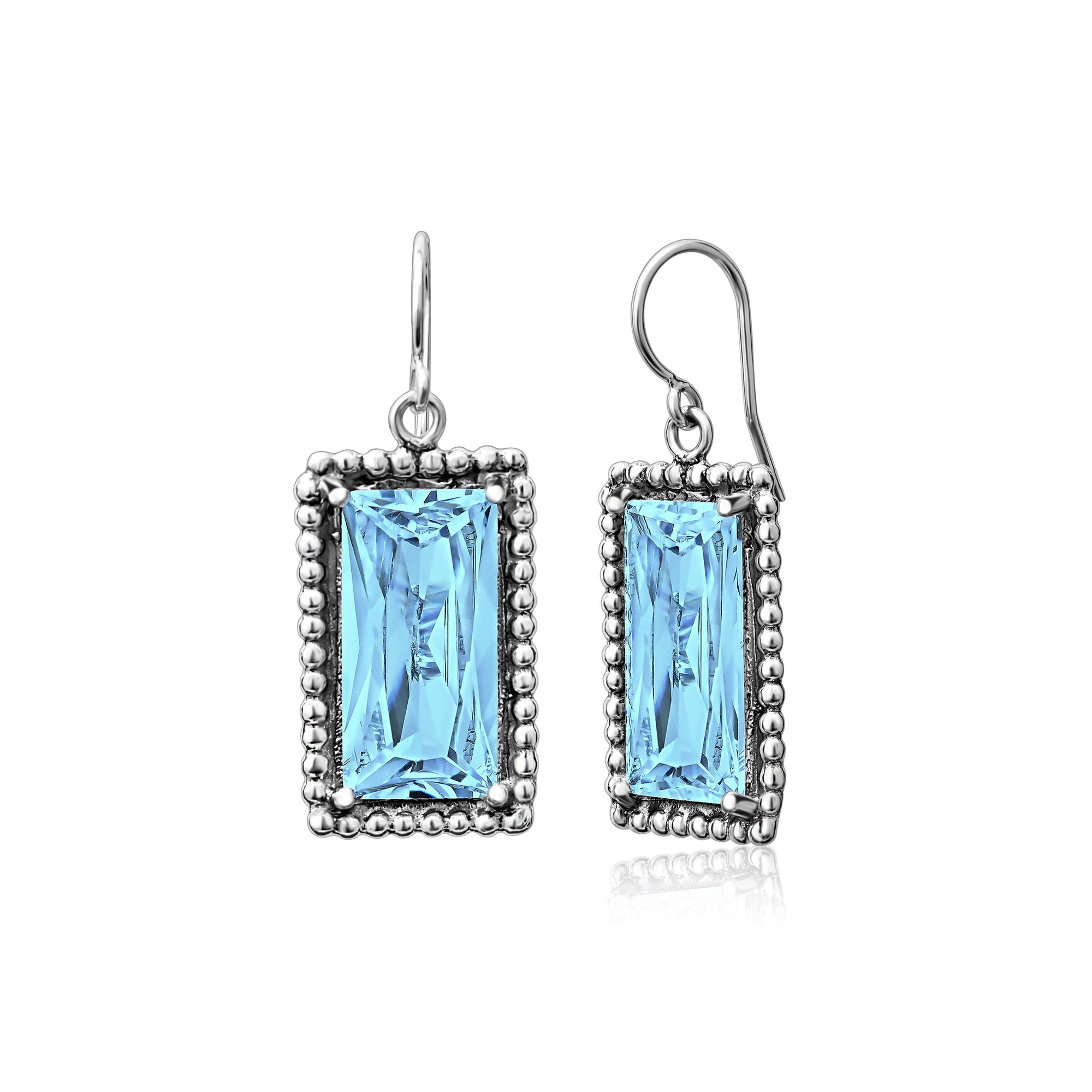 Sterling Silver Aquamarine CZ Baguette Earrings
