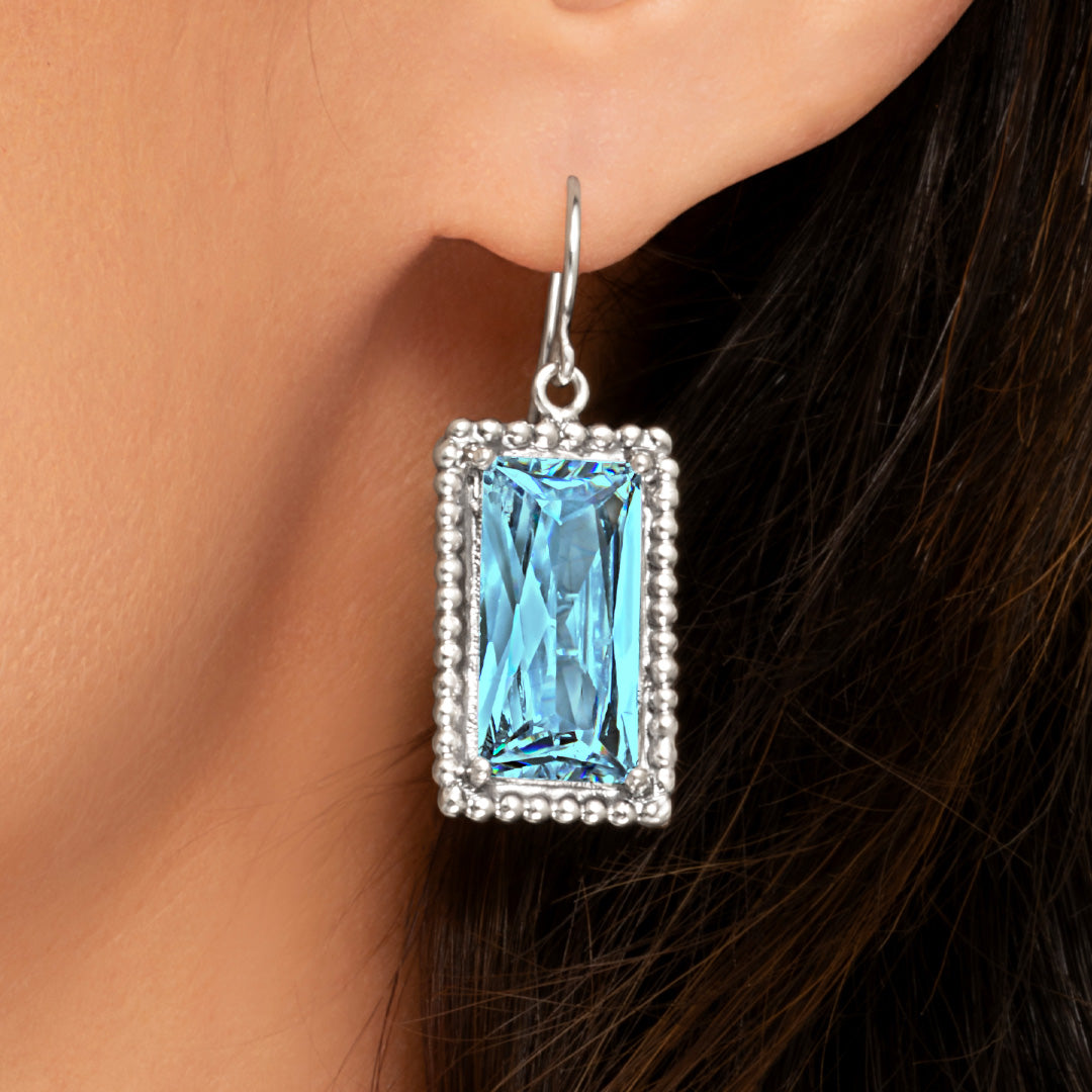 Sterling Silver Aquamarine CZ Baguette Earrings