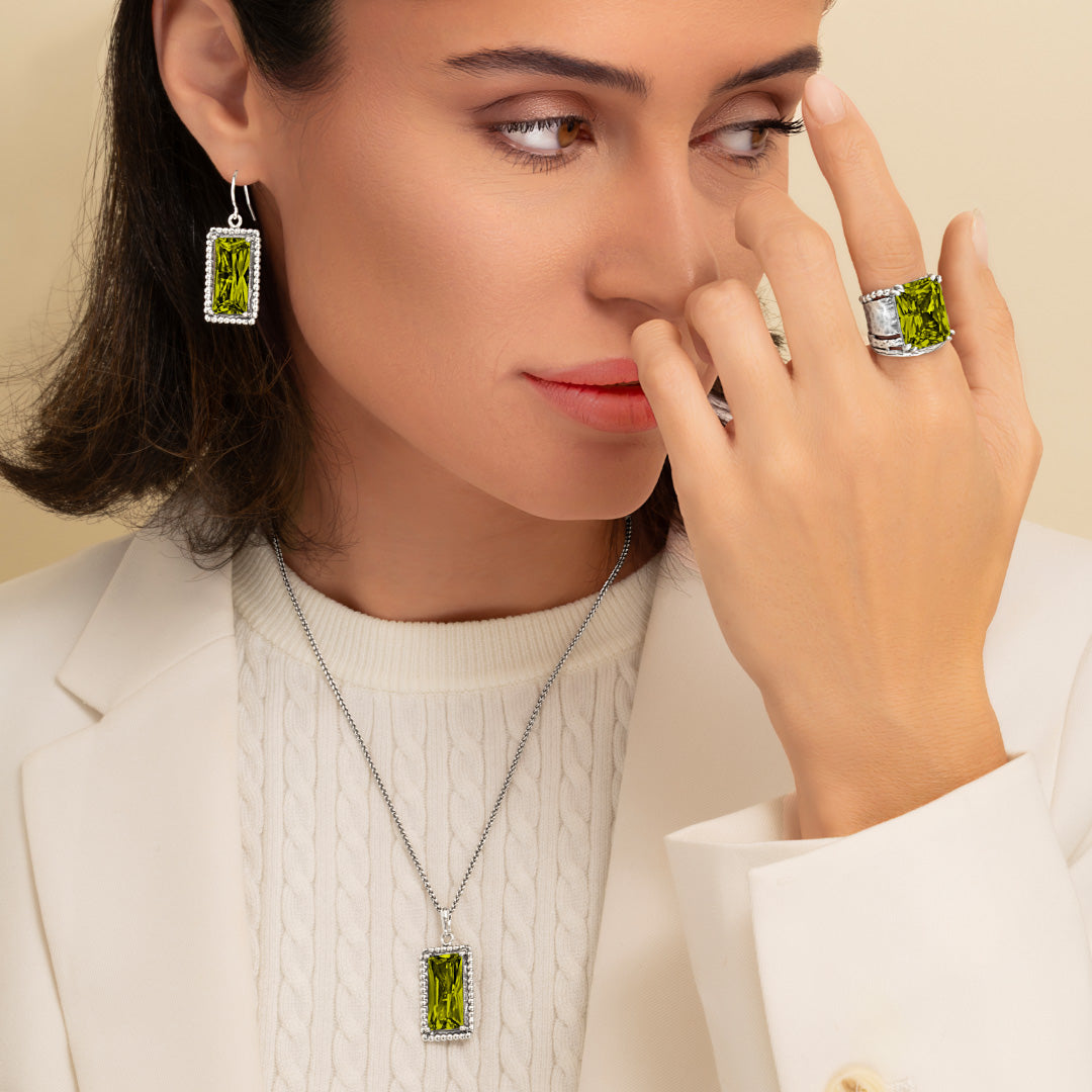 Sterling Silver Peridot CZ Baguette Earrings