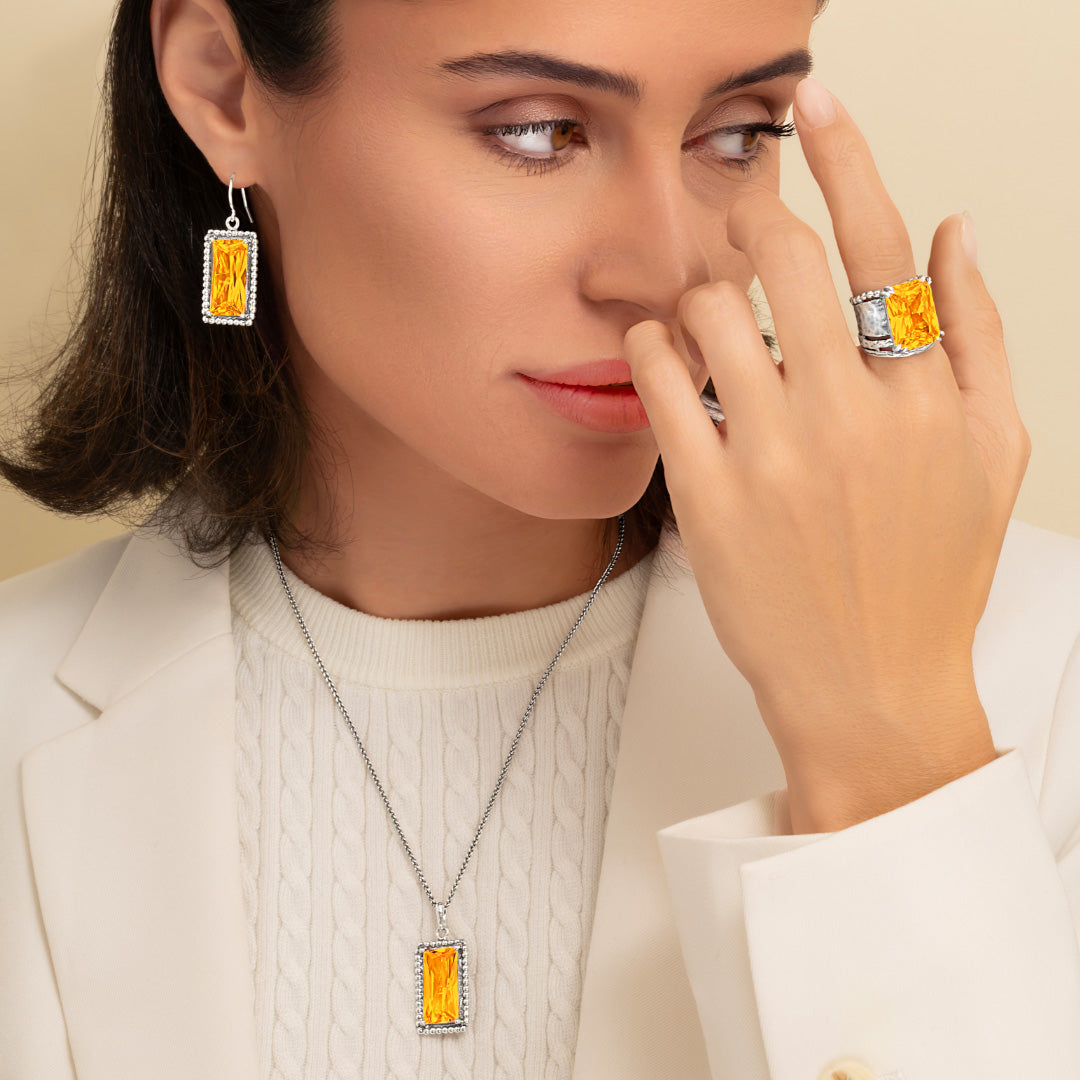 Sterling Silver Citrine CZ Baguette Earrings