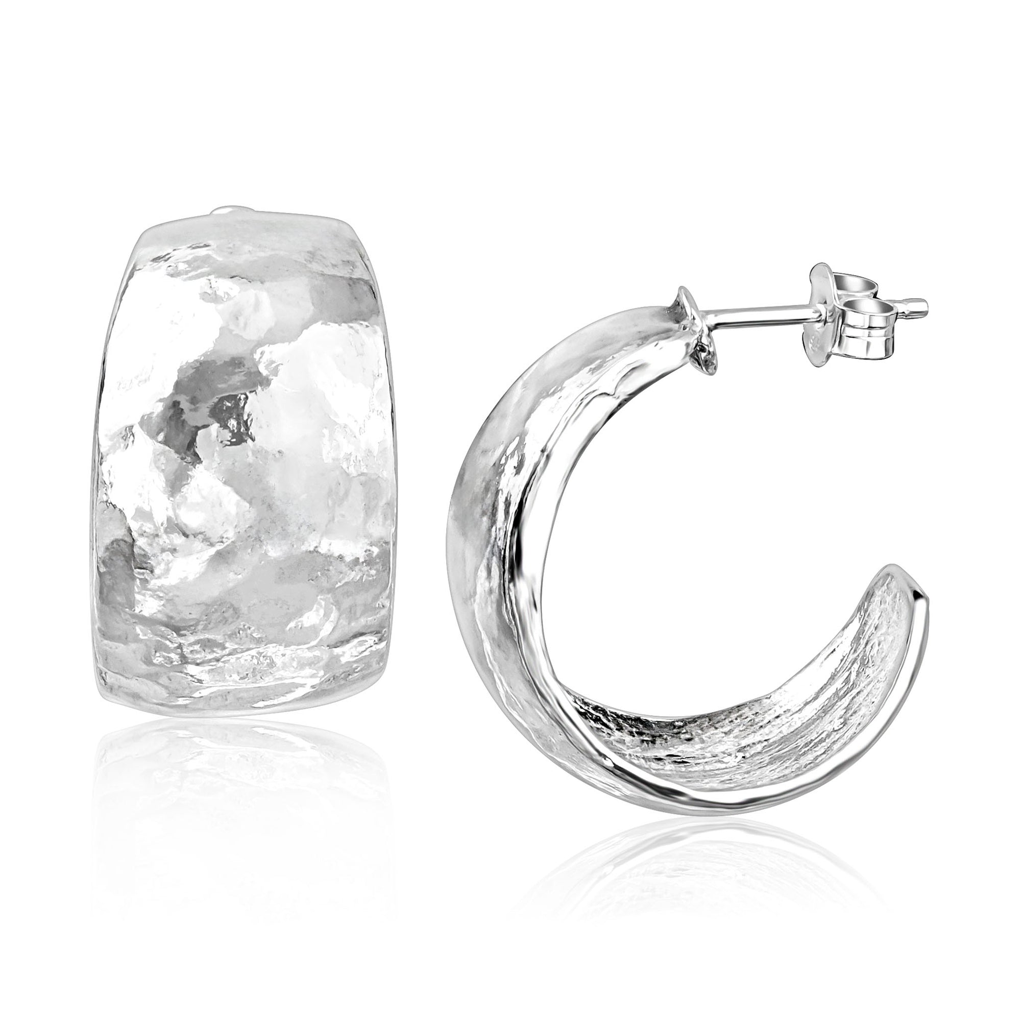 Sterling Silver Medium Wide Hammered Hoop Earrings