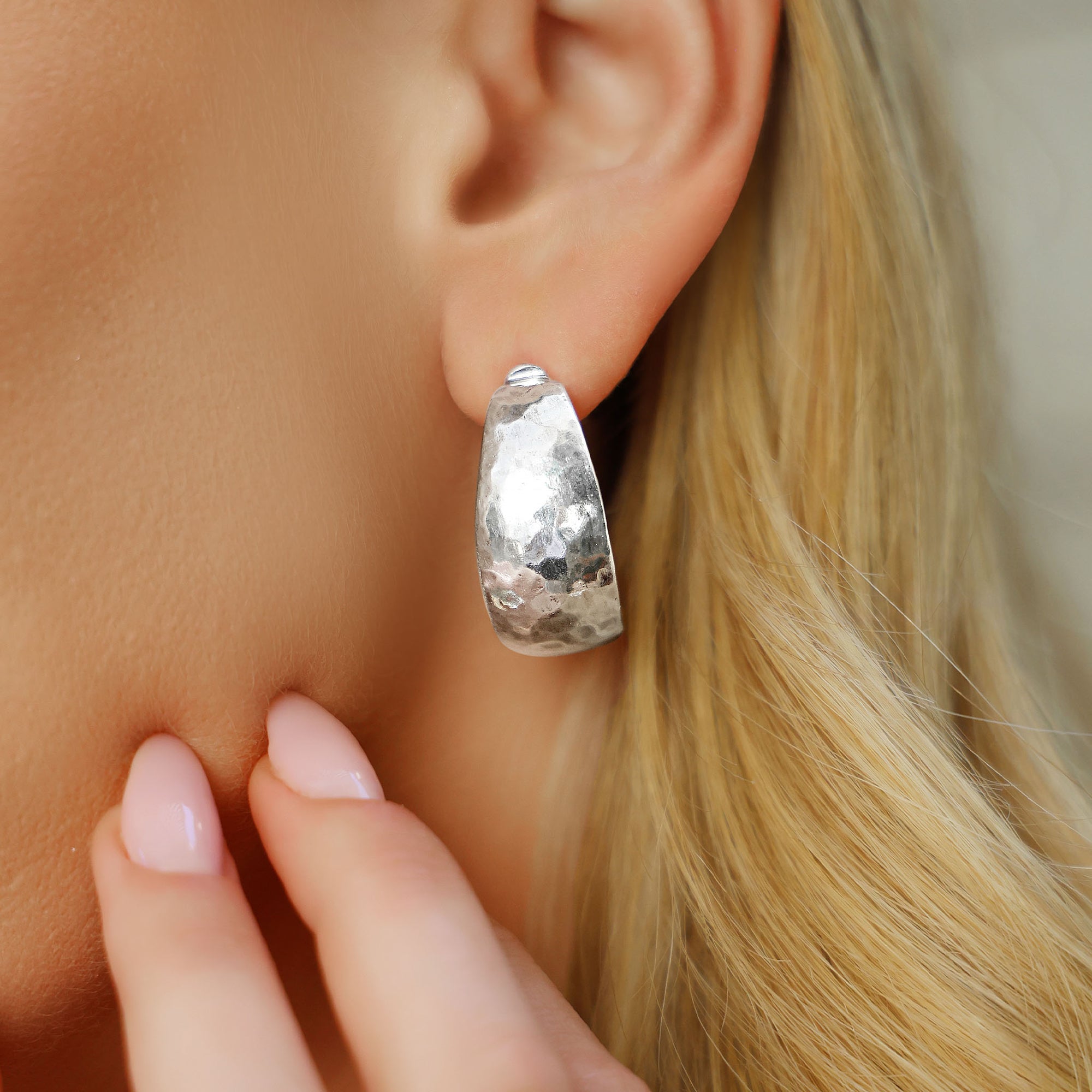 Sterling Silver Large Wide Hammered Hoop Earrings