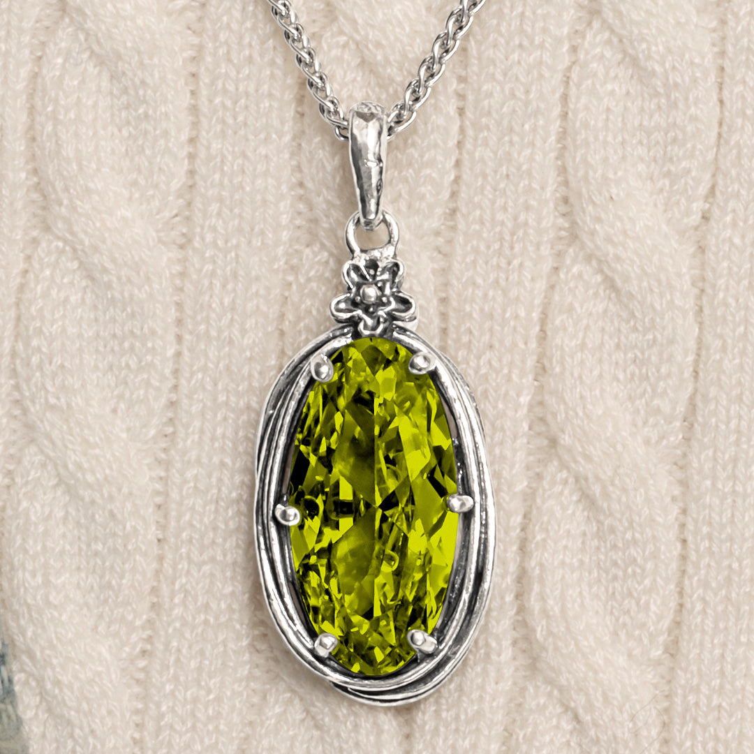 Sterling Silver Peridot CZ Floral Wire Wrap Necklace