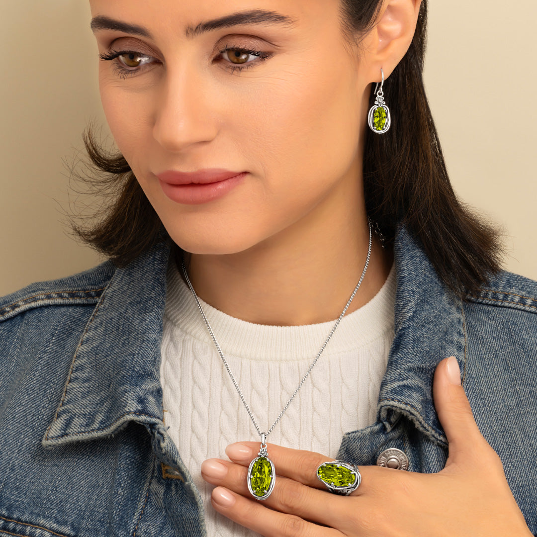 Sterling Silver Peridot CZ Floral Wire Wrap Necklace