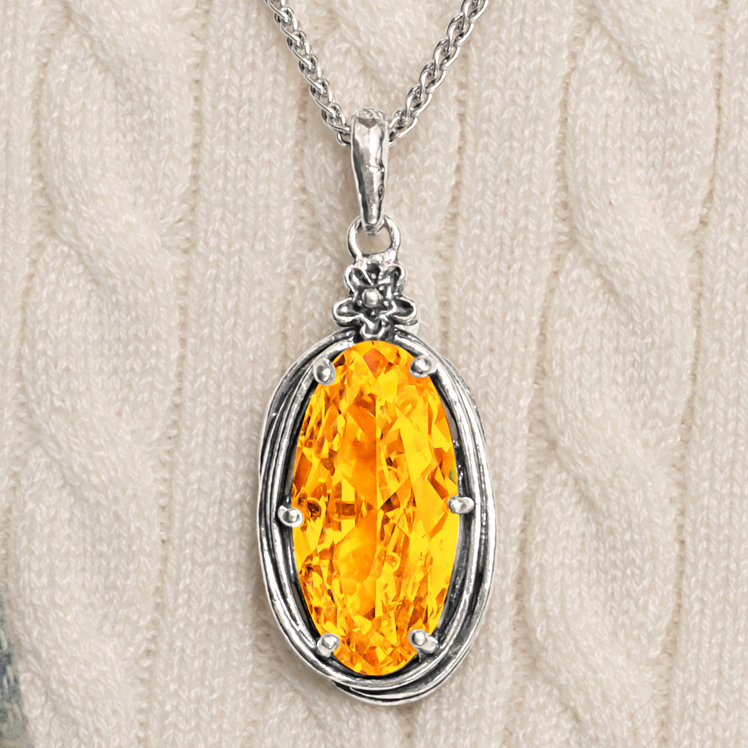 Sterling Silver Citrine CZ Floral Wire Wrap Necklace