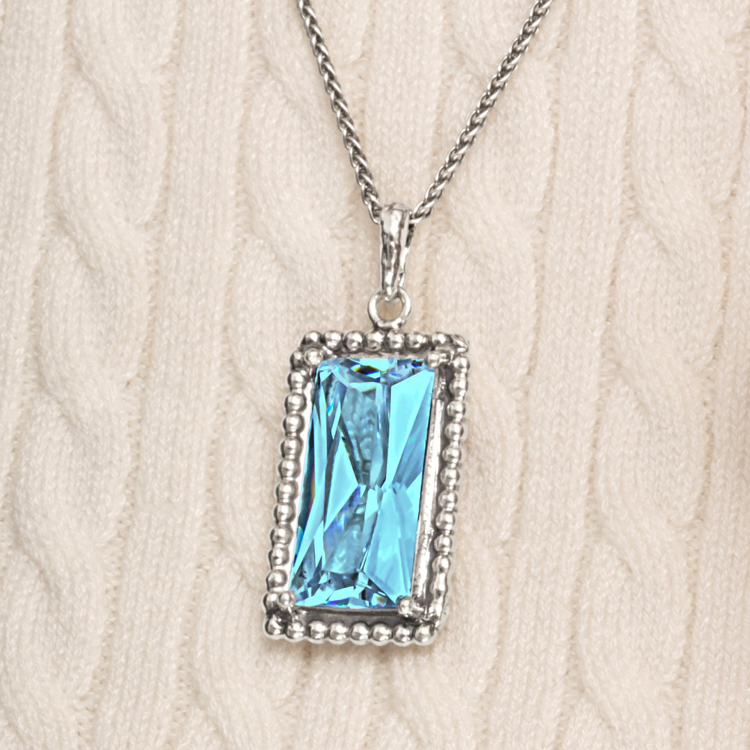 Sterling Silver Aquamarine CZ Baguette Necklace