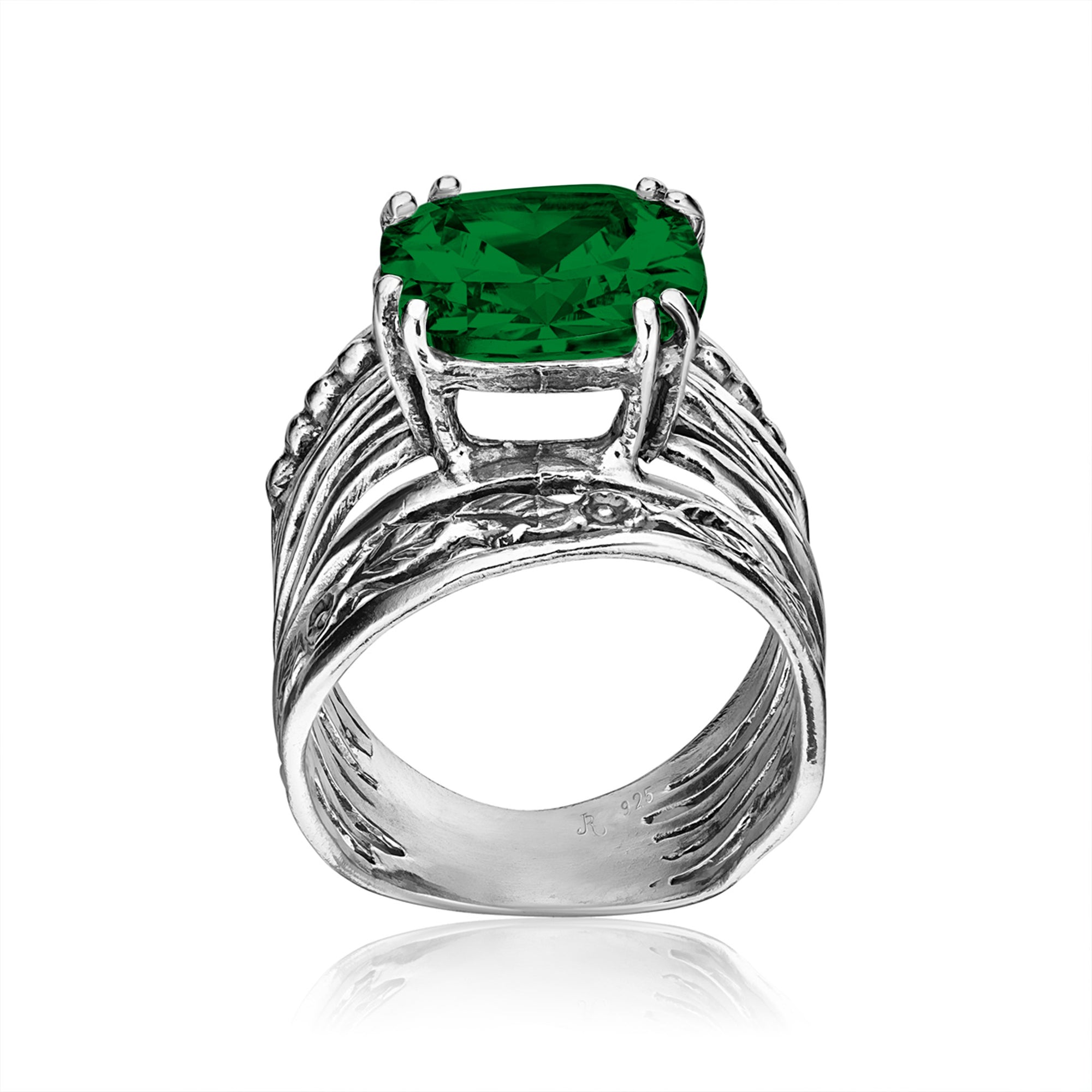 Sterling Silver Emerald CZ  Floral Ring