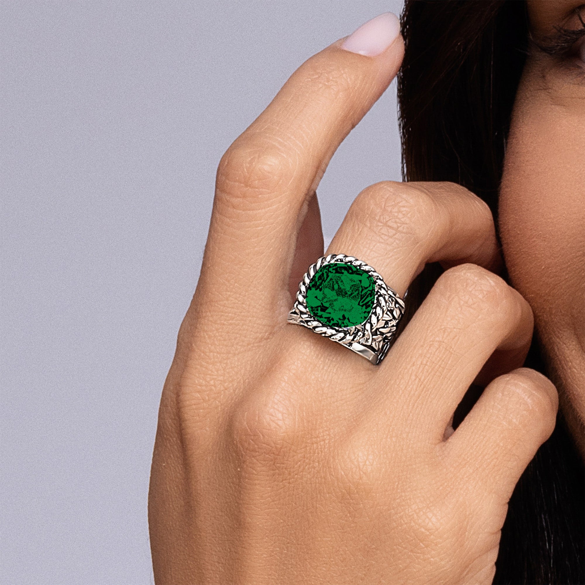 Sterling Silver Emerald CZ Braid Leaf Ring