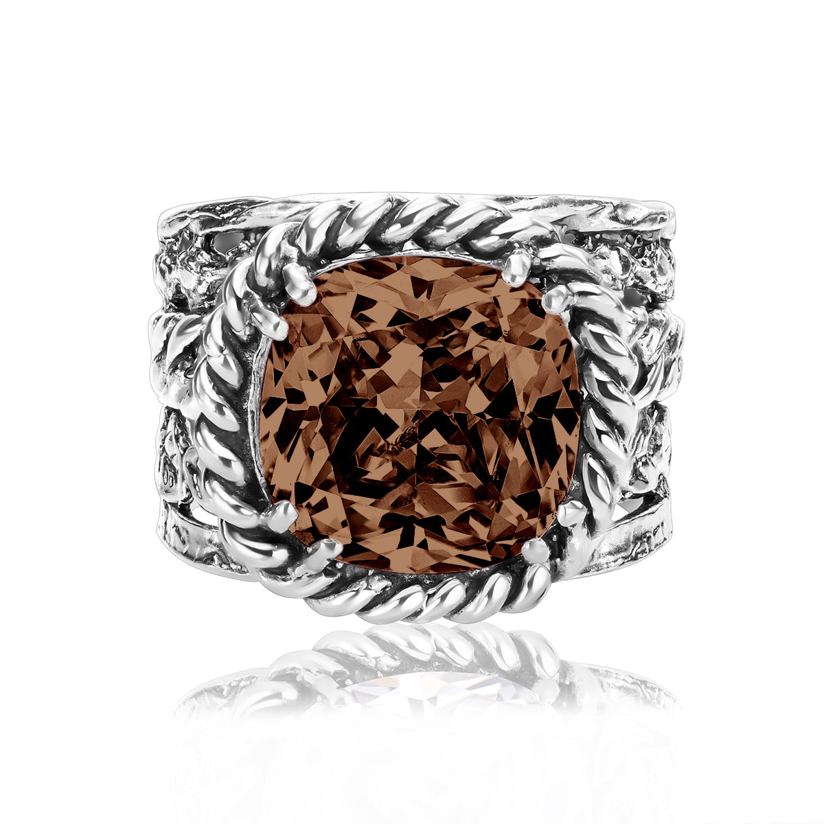 Sterling Silver Smokey CZ Braid Leaf Ring