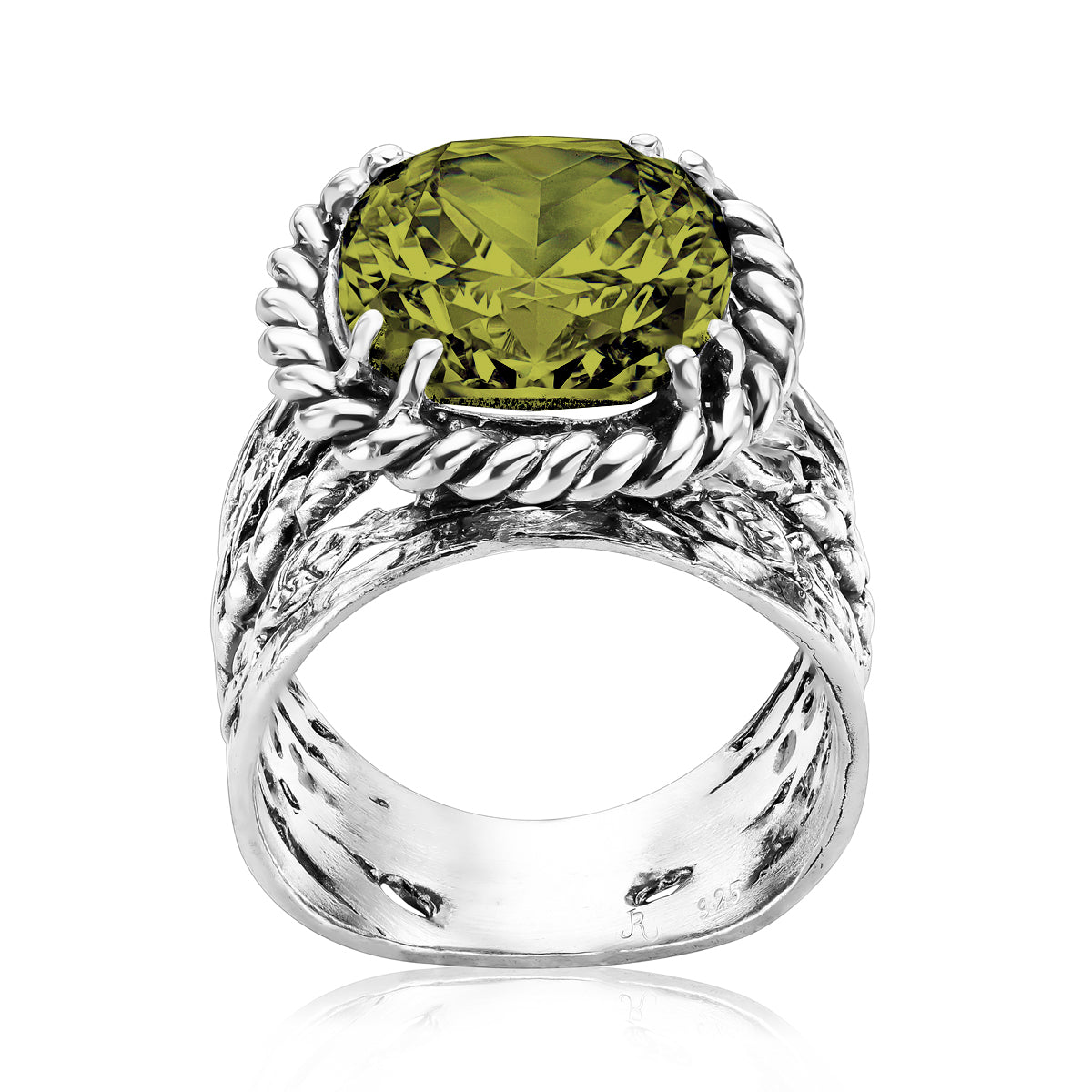 Sterling Silver Peridot CZ Braid Leaf Ring