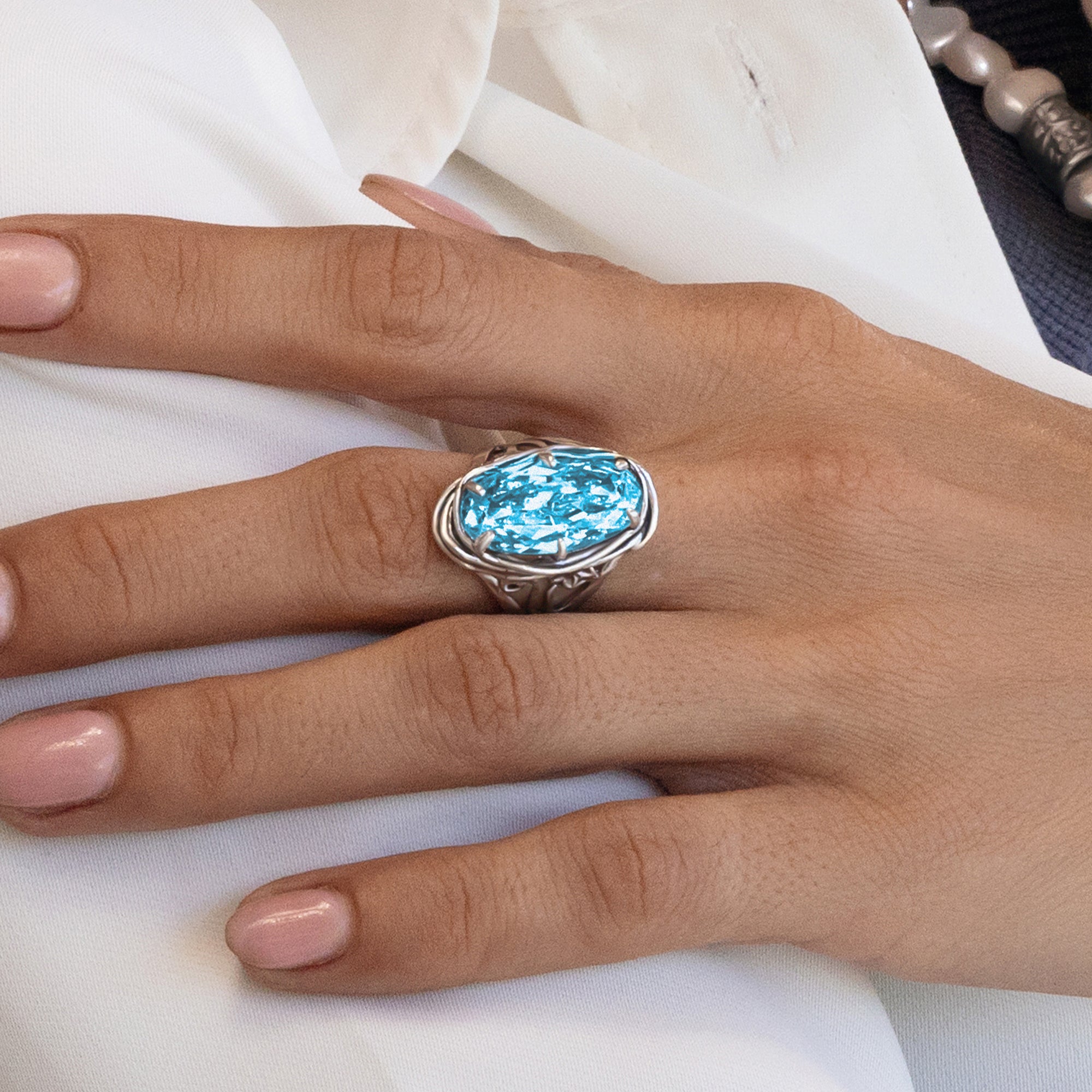 Sterling Silver Aquamarine CZ Floral Wire Wrap Ring