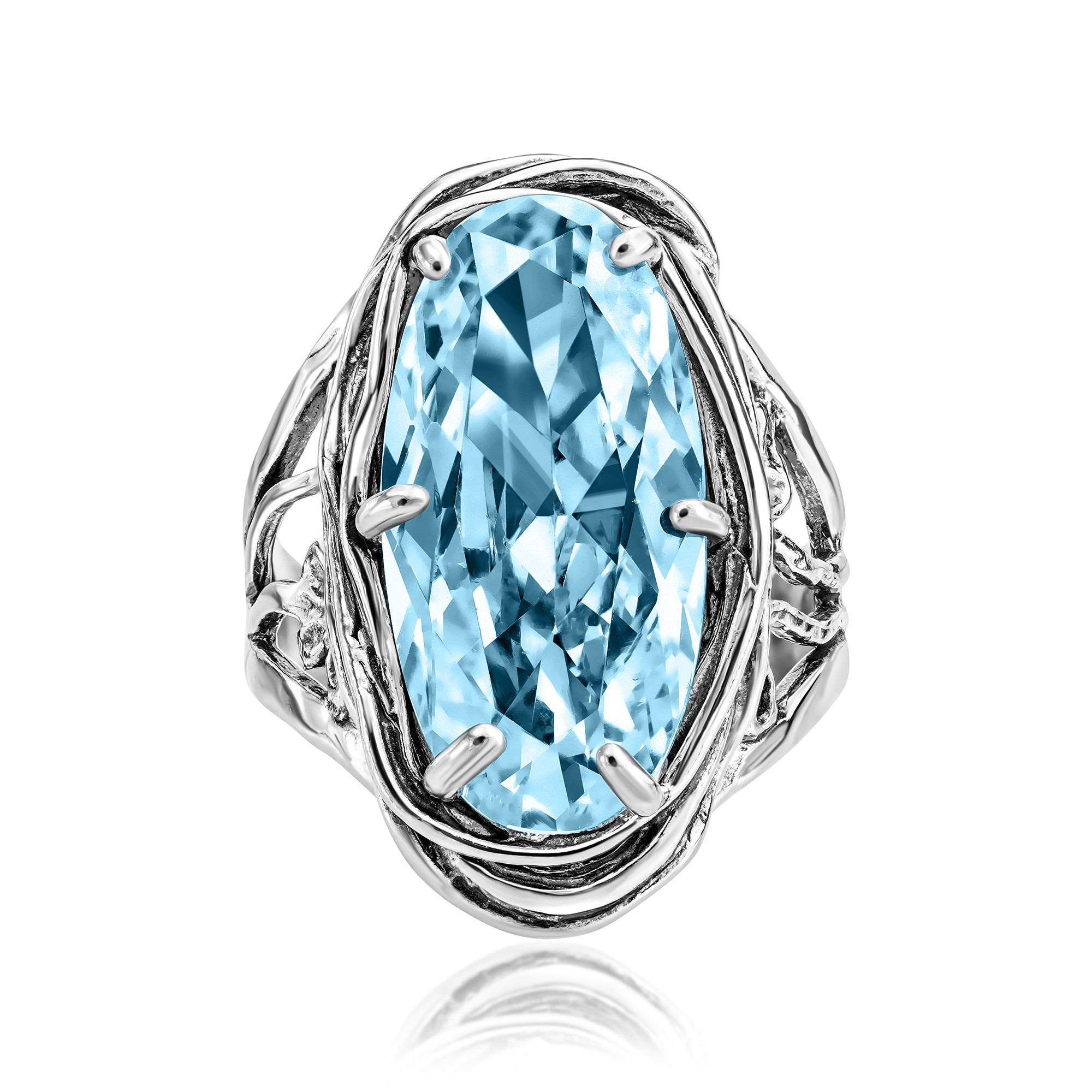 Sterling Silver Aquamarine CZ Floral Wire Wrap Ring