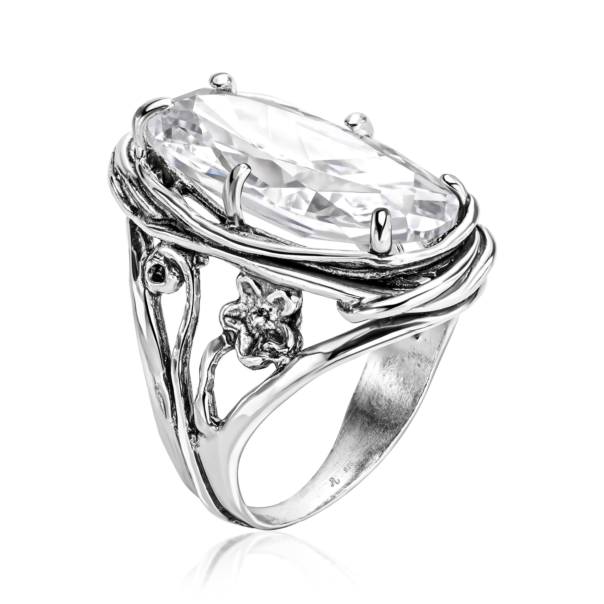 Anello in argento sterling con zirconi cubici ovali e motivo floreale