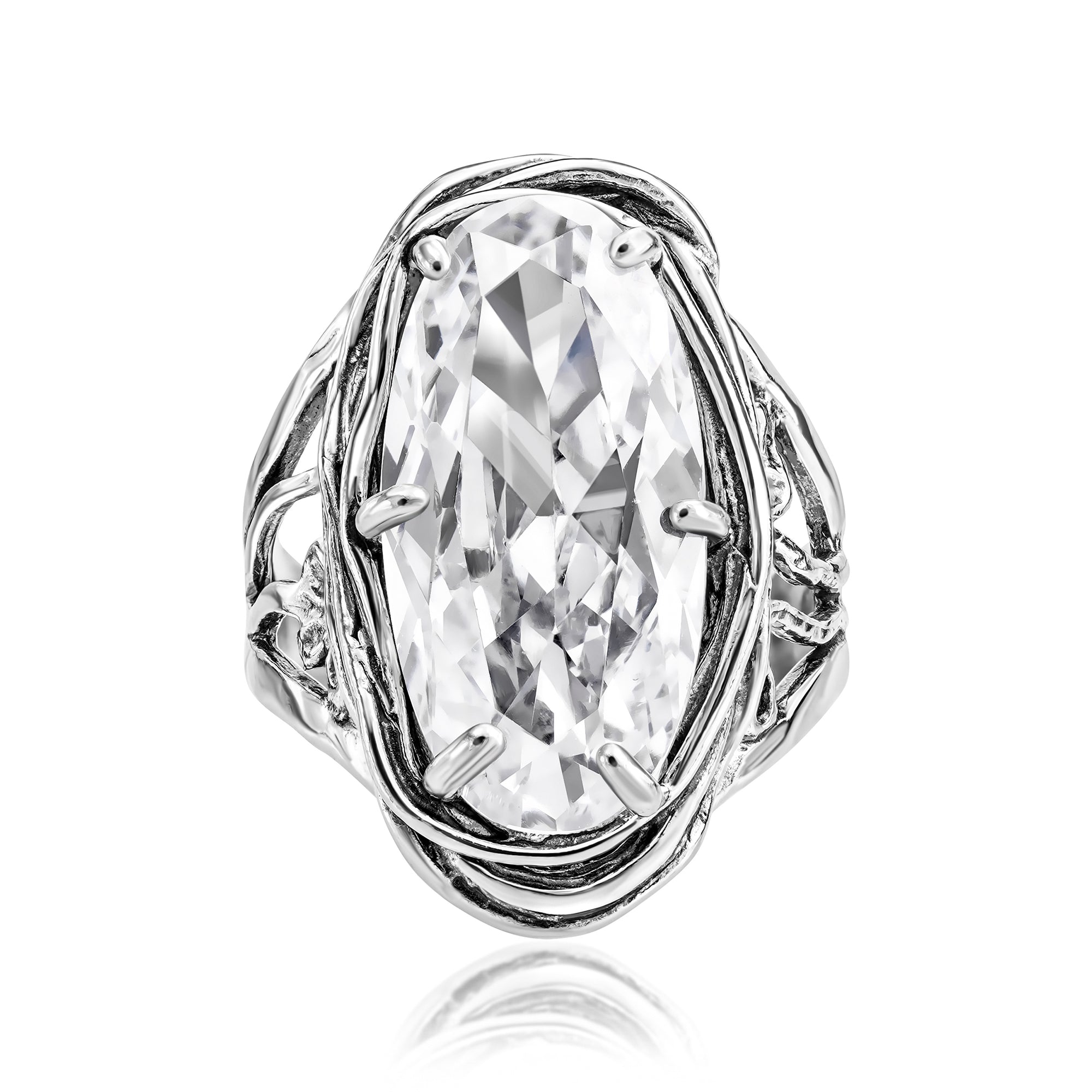 Anello in argento sterling con zirconi cubici ovali e motivo floreale