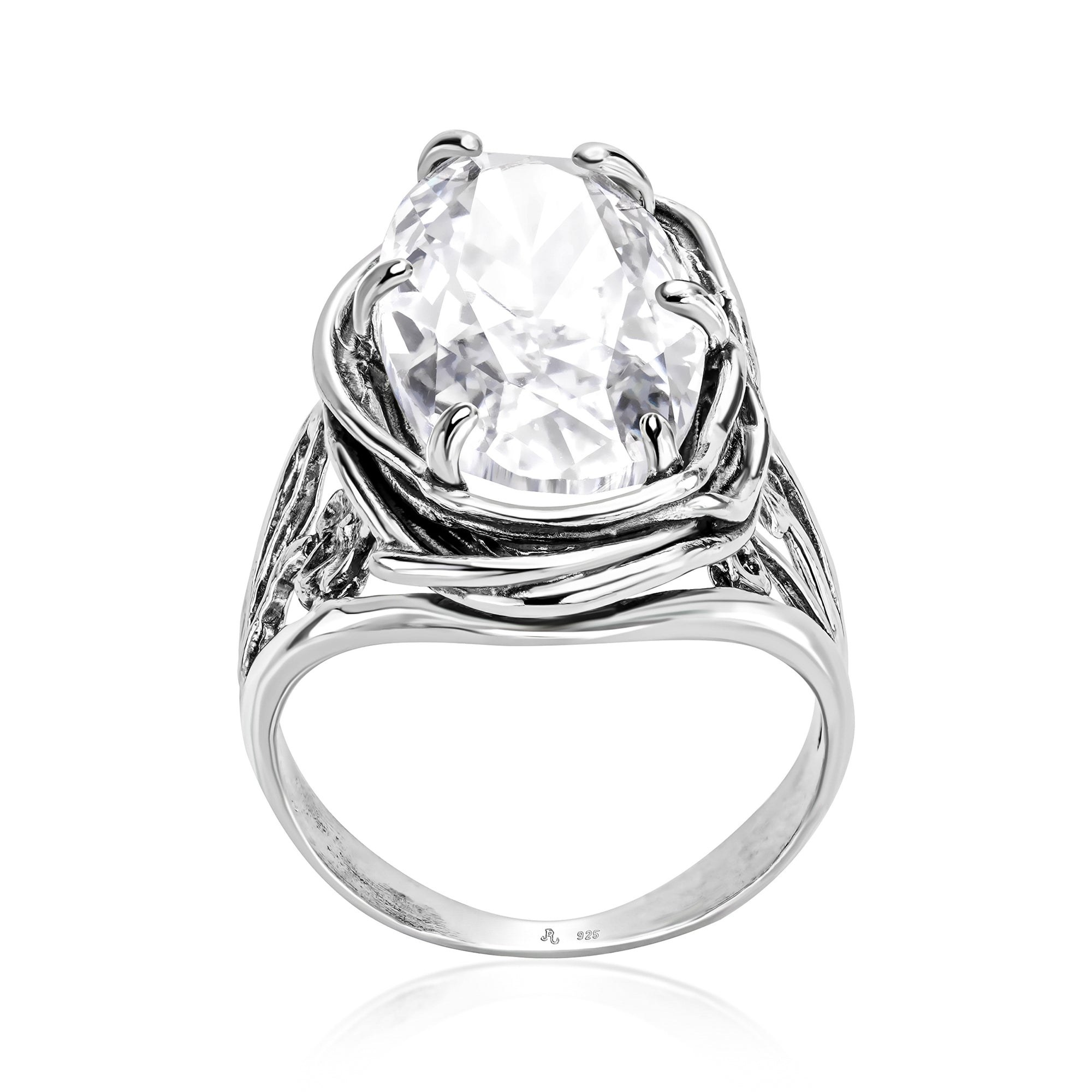 Anello in argento sterling con zirconi cubici ovali e motivo floreale
