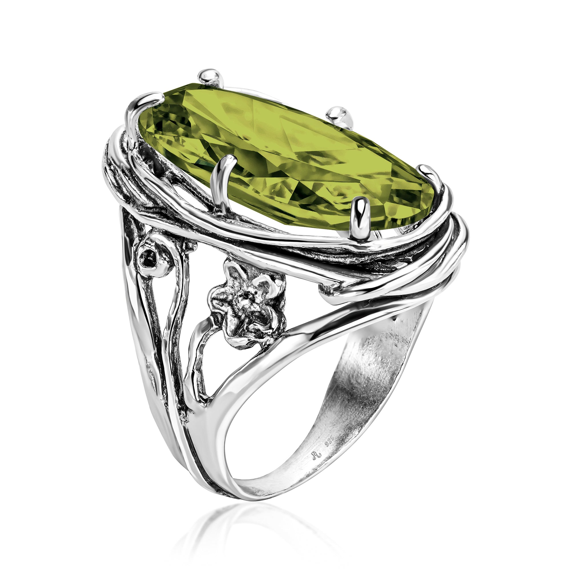 Ovaler Drahtwickelring aus Sterlingsilber mit Zirkonia und Blumenmotiv