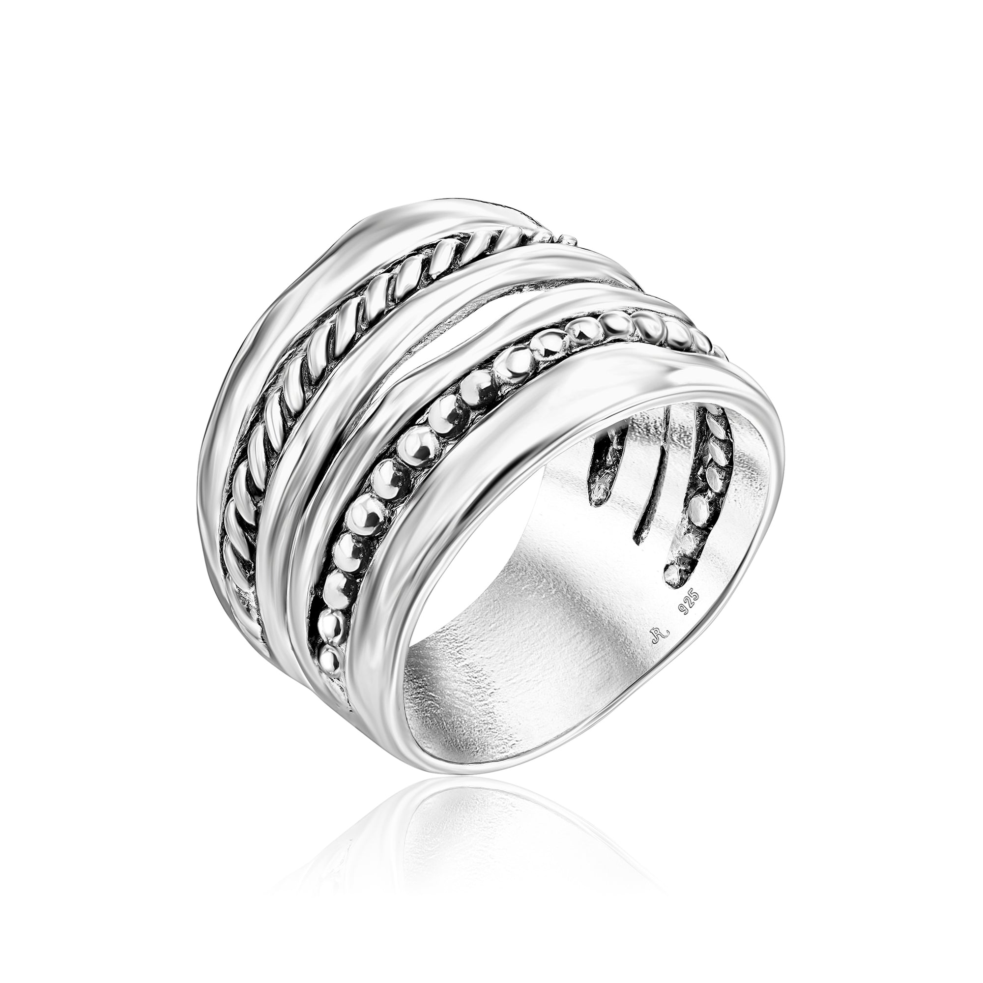 Anello largo con perline in corda d'argento sterling