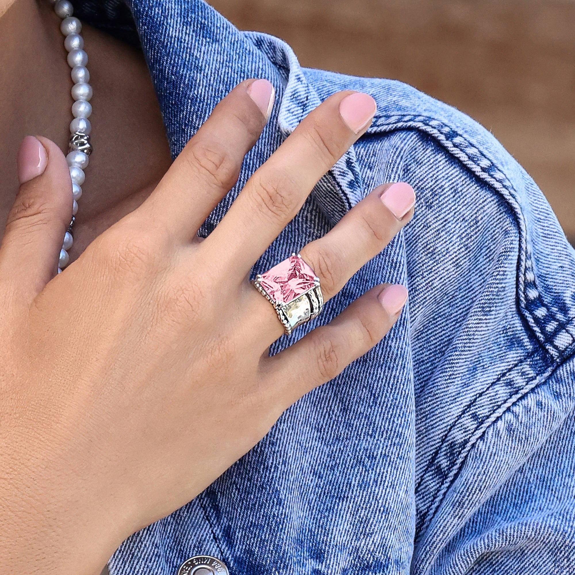 Bold Sterling Silver Octagon Pink CZ Ring