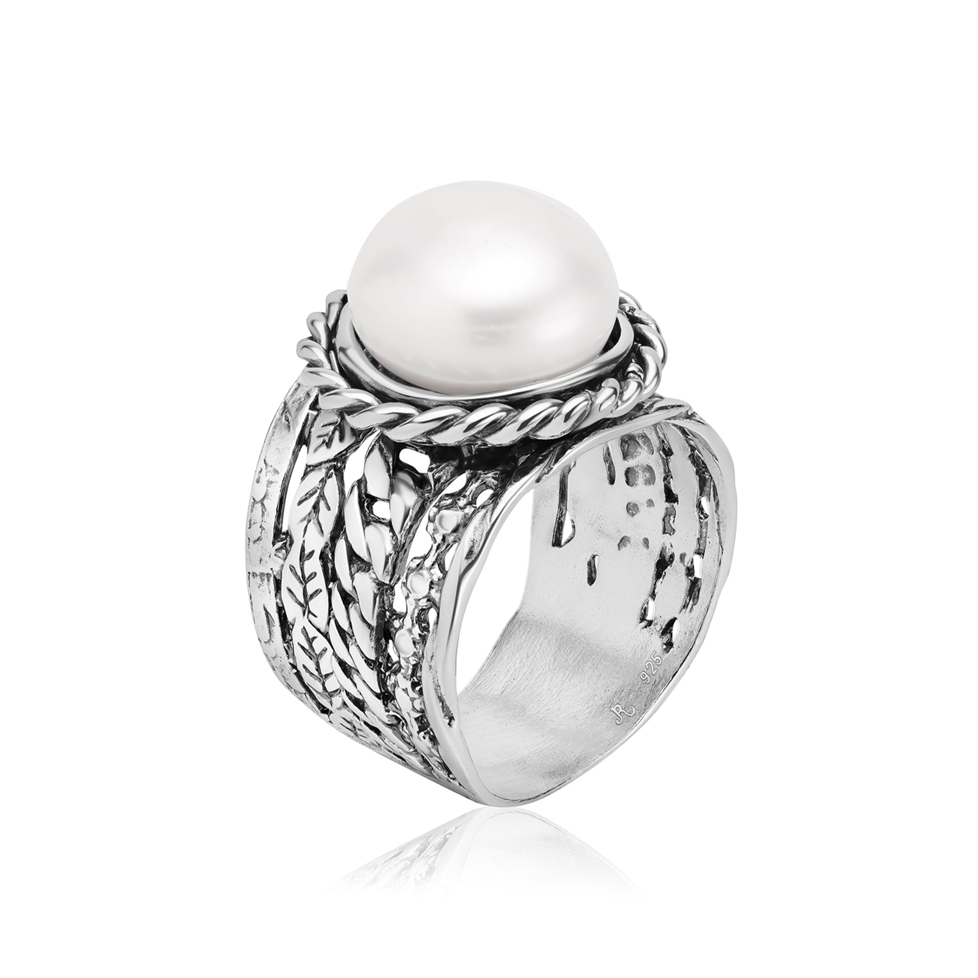 Sterling Silver Pearl Braid Leaf Ring