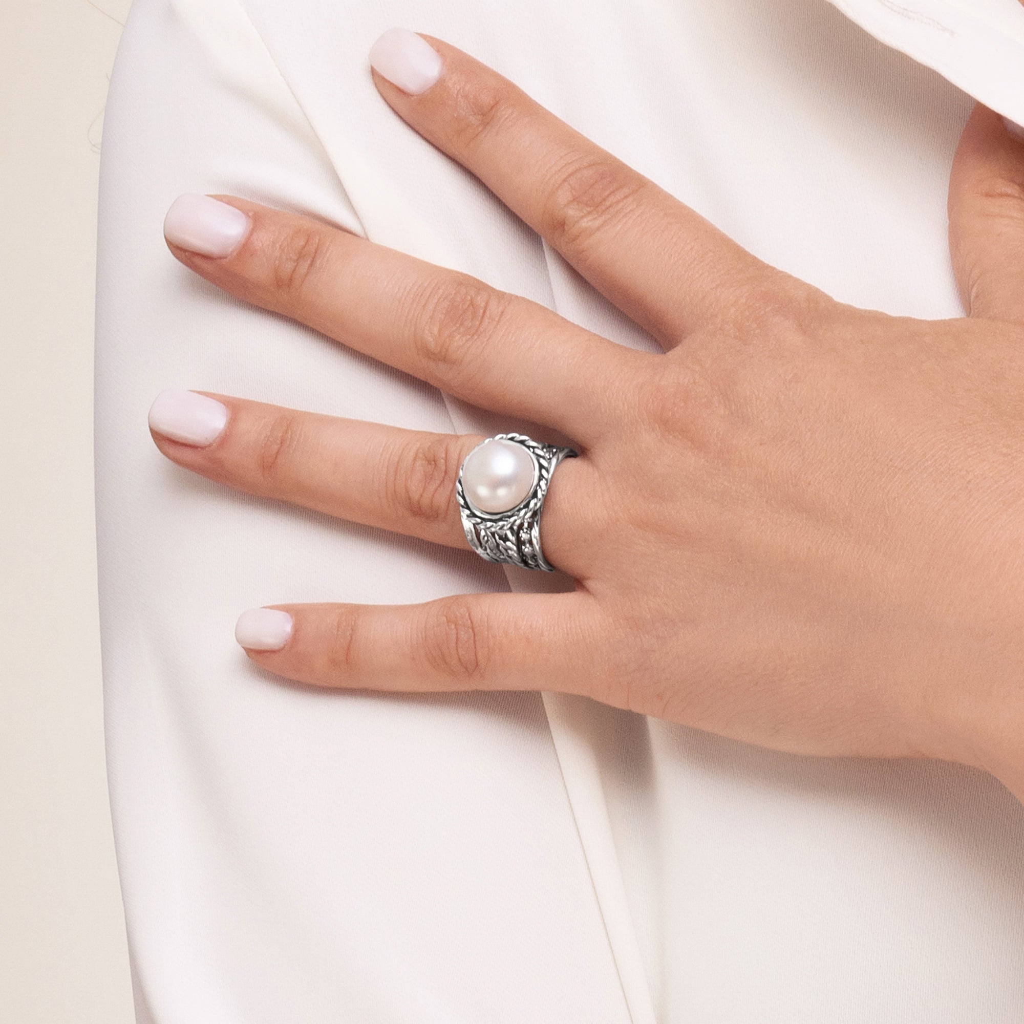 Sterling Silver Pearl Braid Leaf Ring