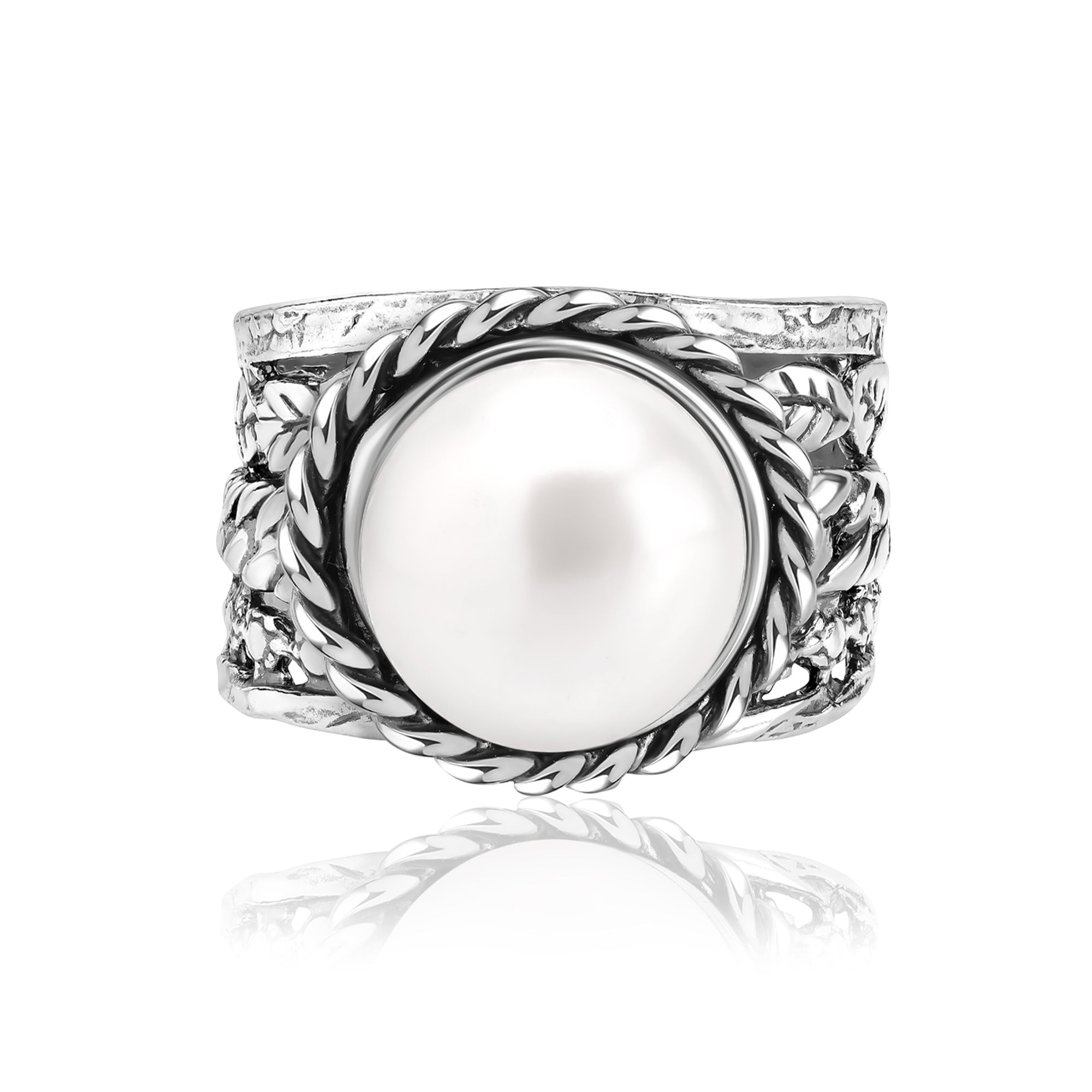 Sterling Silver Pearl Braid Leaf Ring