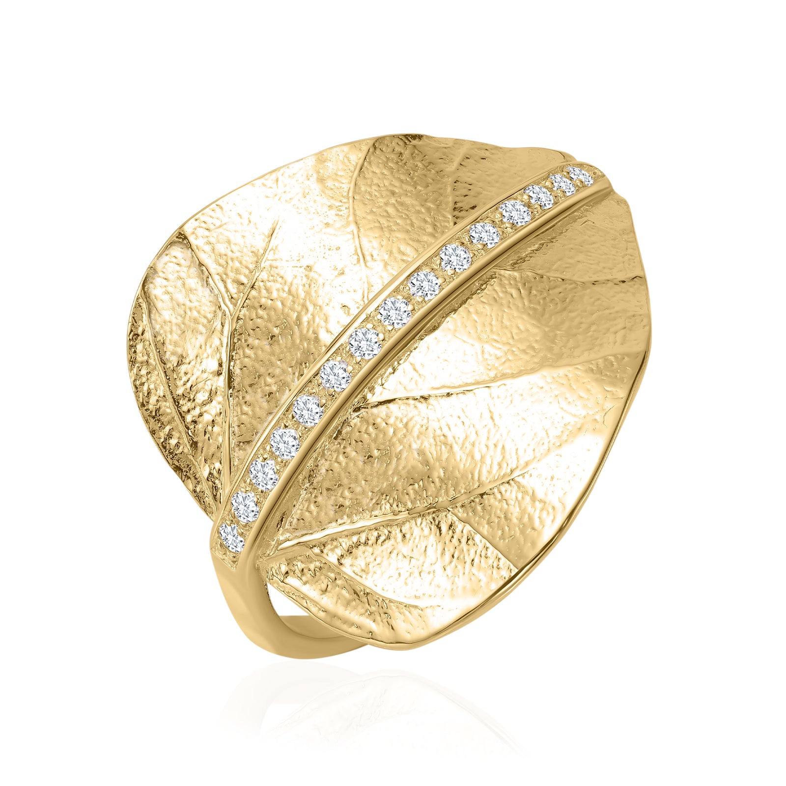 Anello con foglia di diamanti e pavé in oro 14K