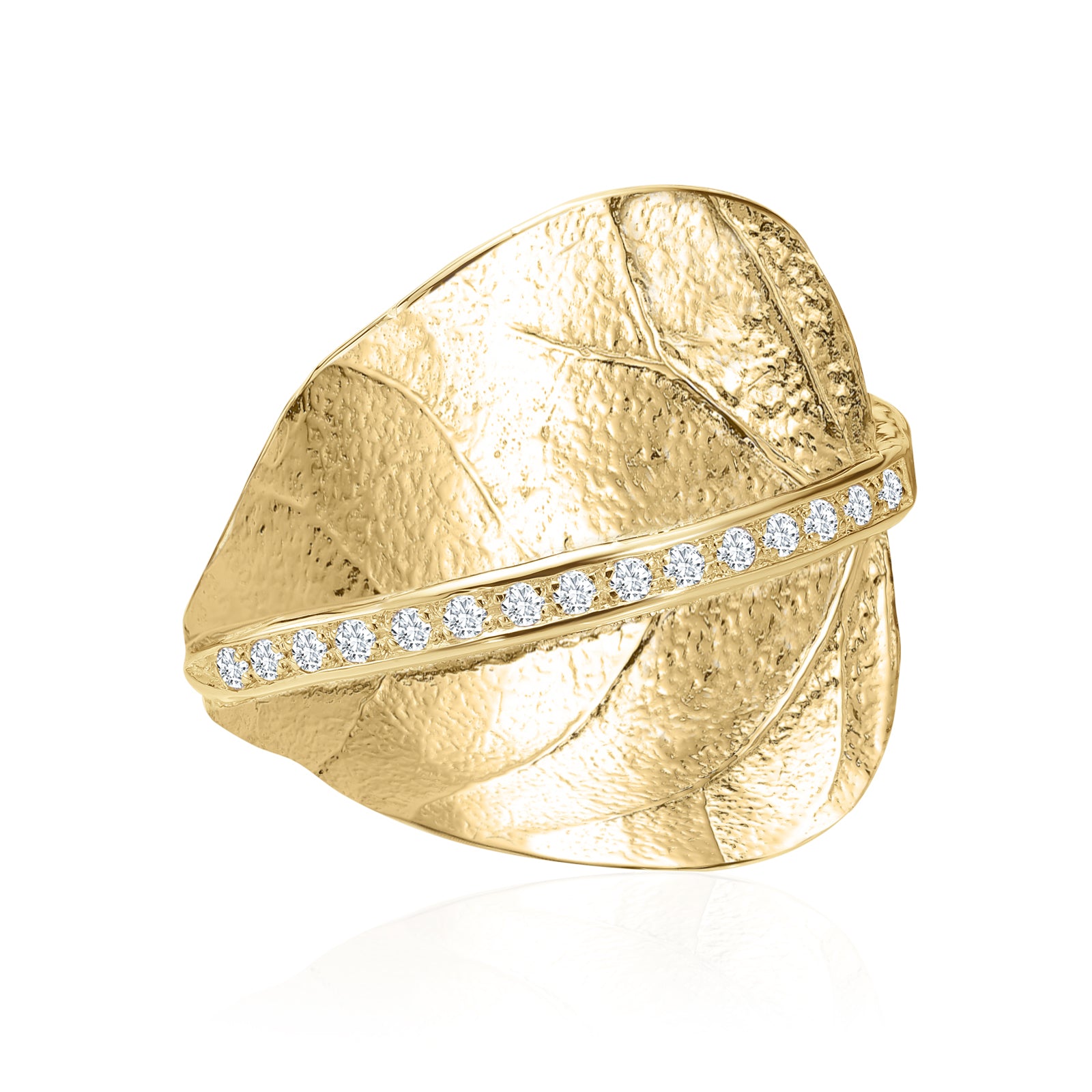 Anello con foglia di diamanti e pavé in oro 14K