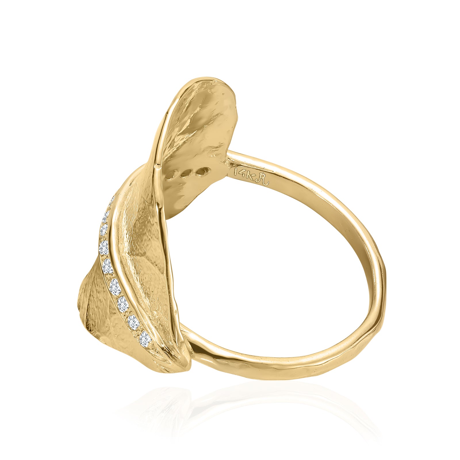 Anello con foglia di diamanti e pavé in oro 14K
