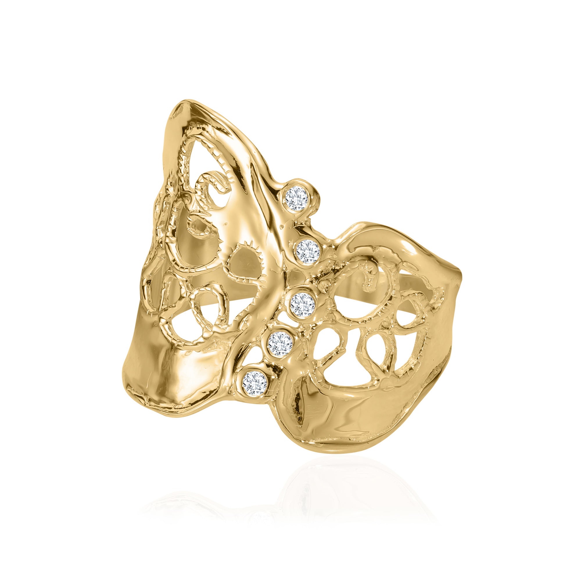 Anello in pizzo con diamanti in oro 14K