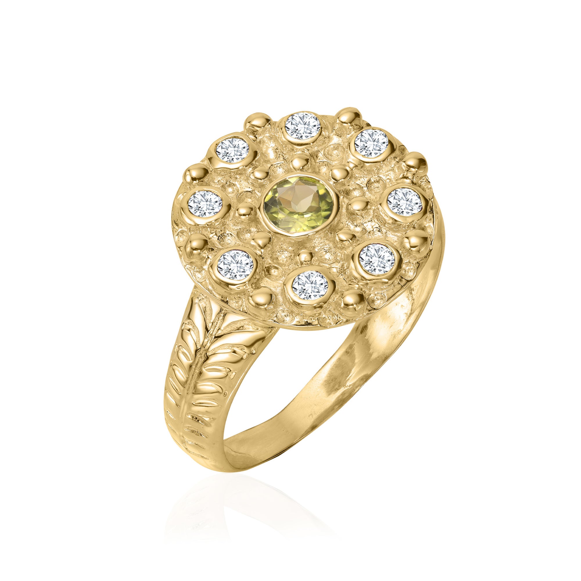 Anello in oro 14K con peridoto e zaffiro bianco