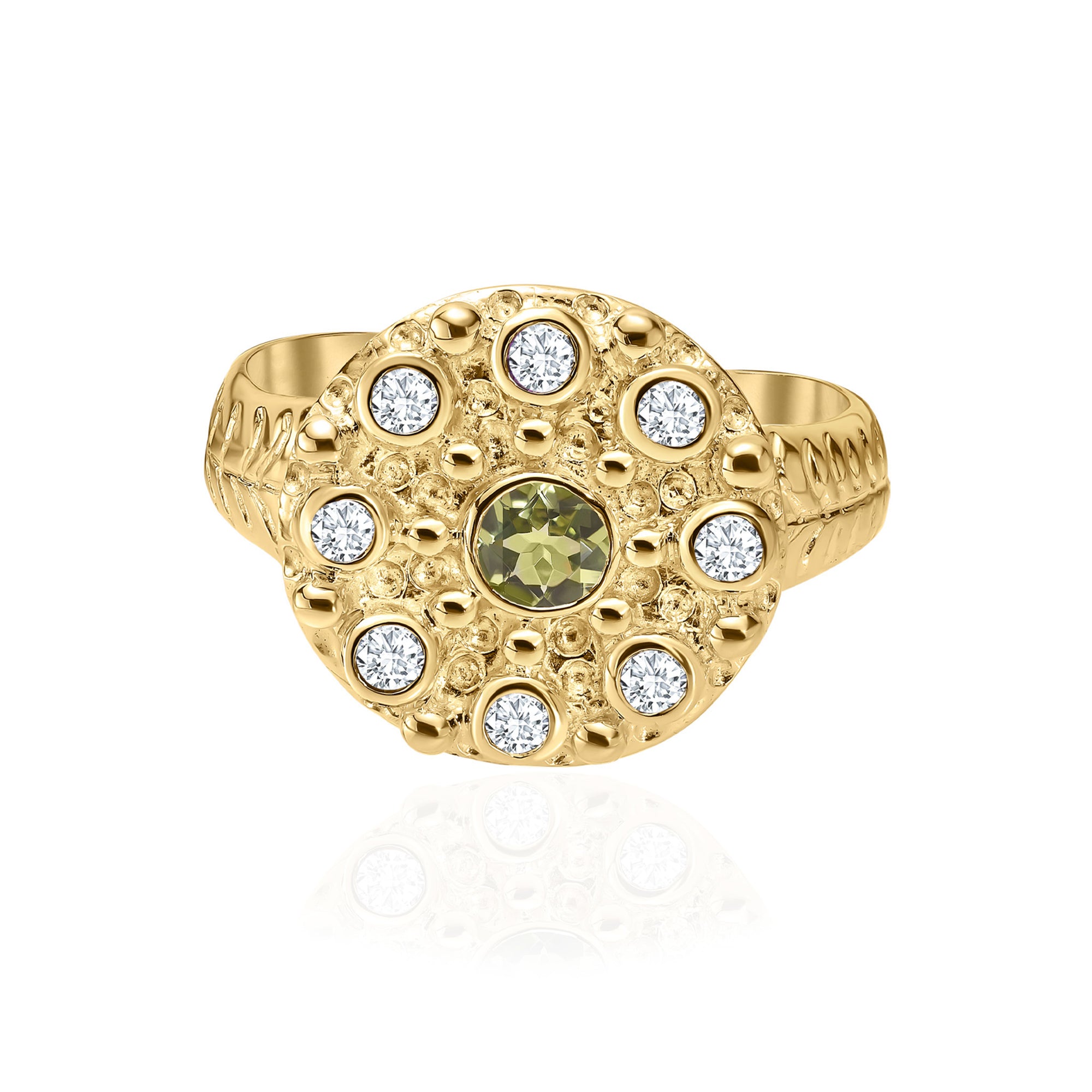 Anello in oro 14K con peridoto e zaffiro bianco