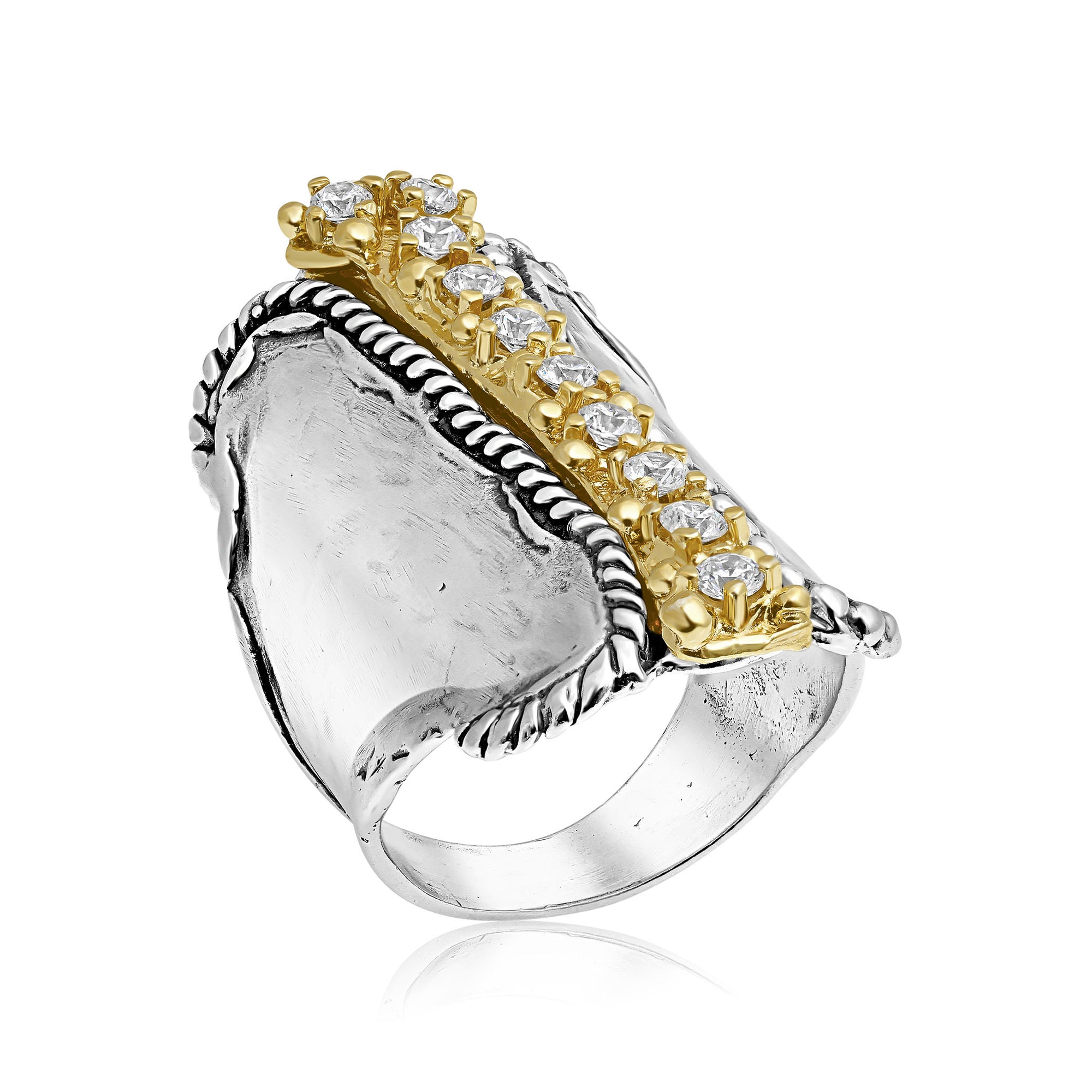 Mixed Metal CZ Rope Bead Shield Ring