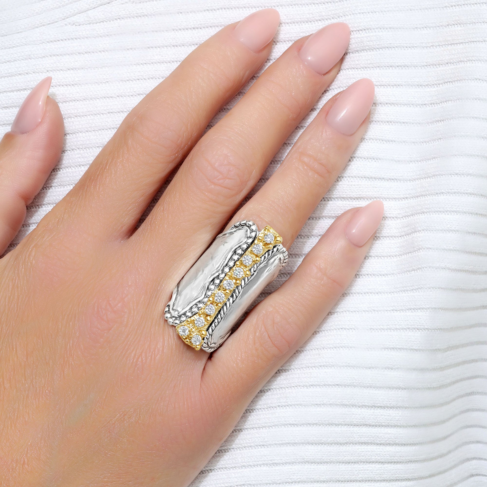 Mixed Metal CZ Rope Bead Shield Ring