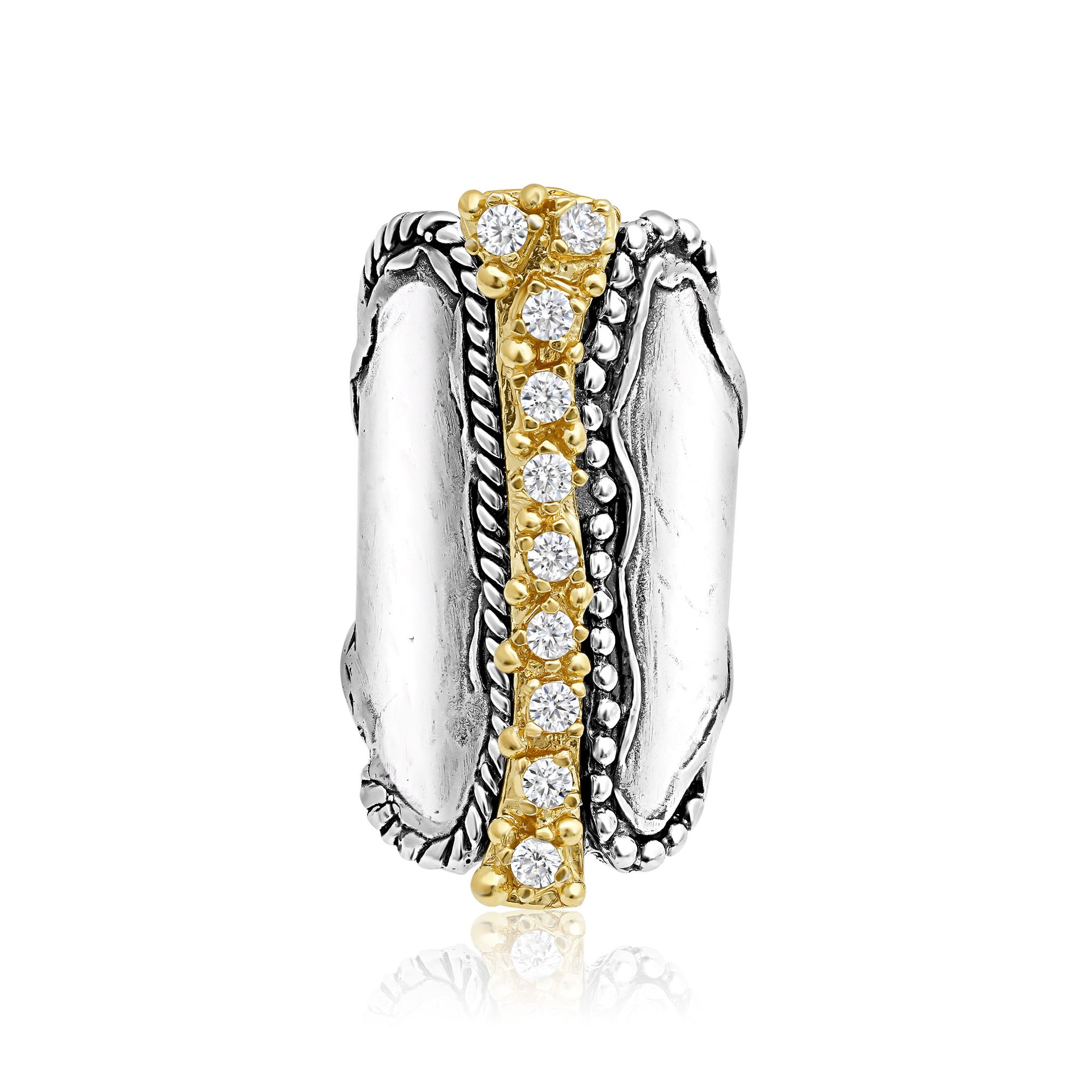 Mixed Metal CZ Rope Bead Shield Ring