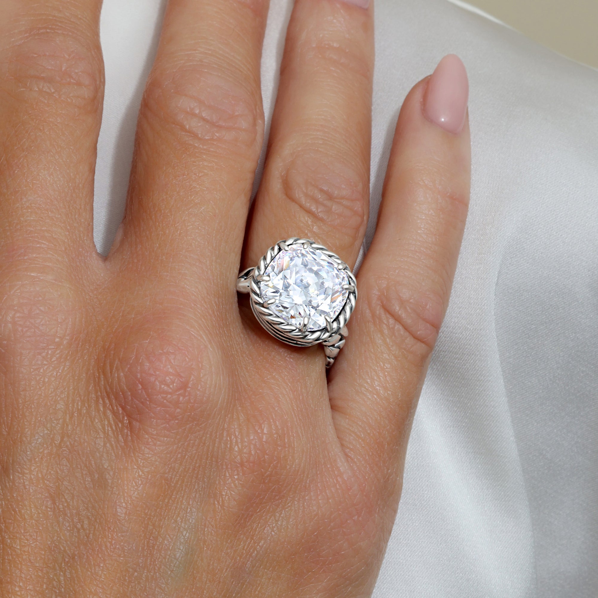 Sterling Silver CZ Braid Chain Ring