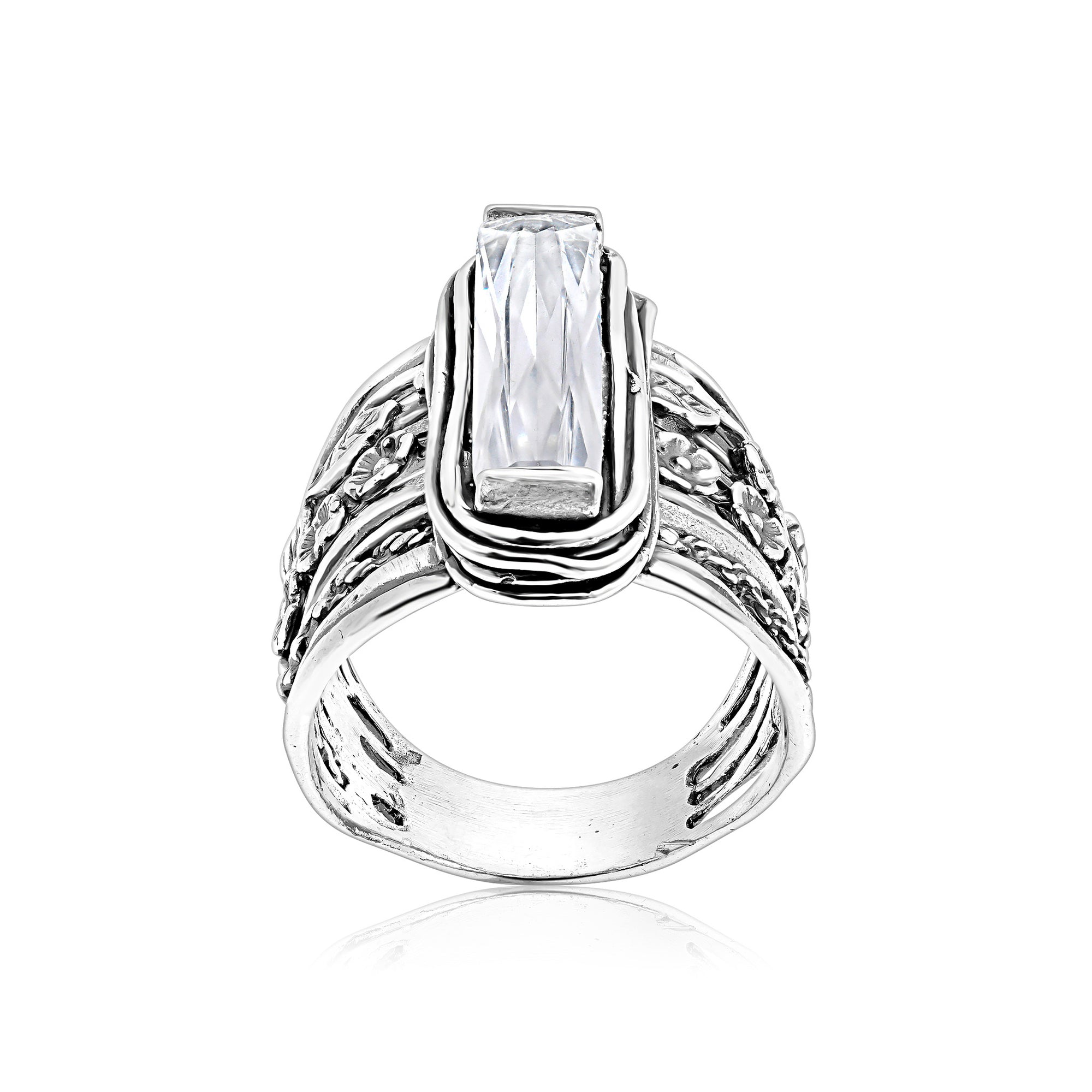 Sterling Silver Baguette CZ Floral Ring